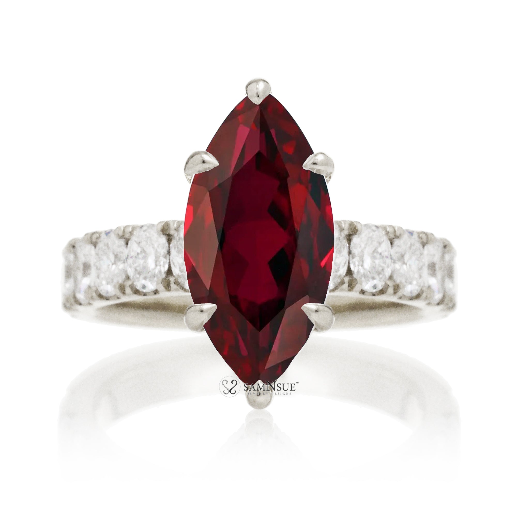 Marquise cut red ruby large oval diamond band with hidden halo six prongs white gold