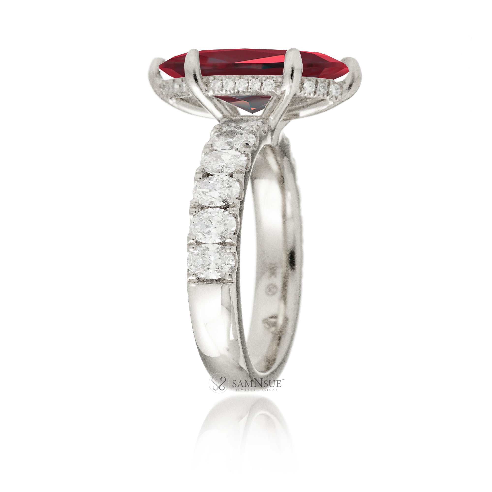 Marquise cut red ruby large oval diamond band with hidden halo six prongs white gold
