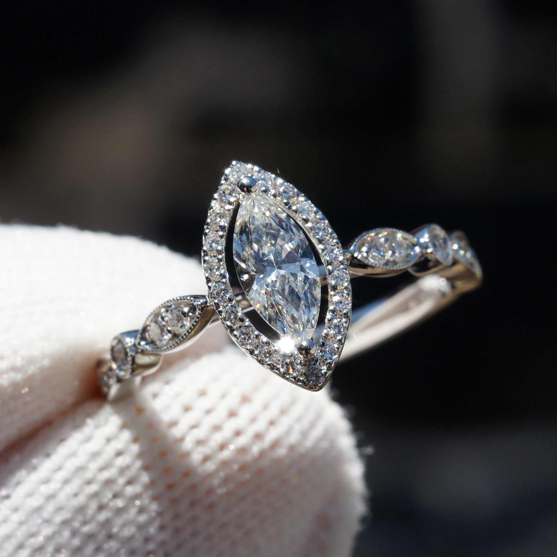 The Delilah Marquise Cut Diamond Halo Ring 18k White Gold
