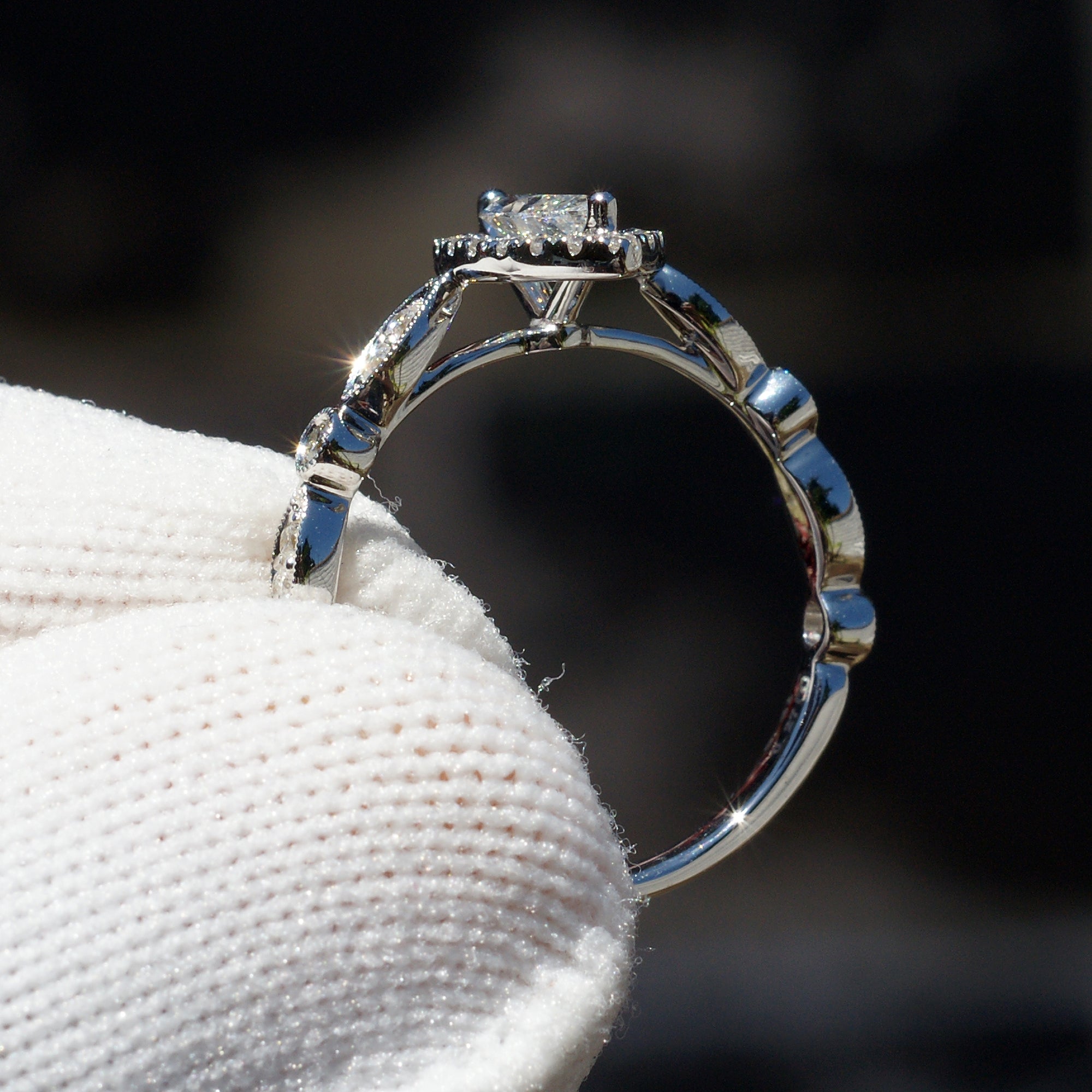 Natural marquise diamond halo solitaire vintage style engagement ring white gold
