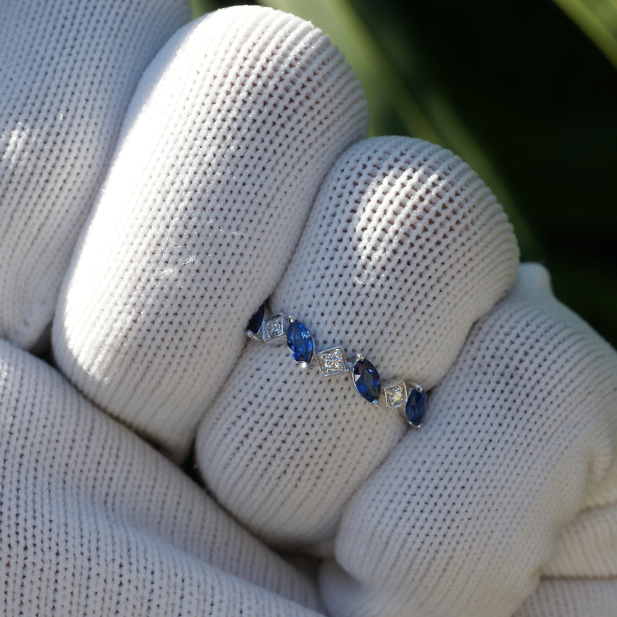 Marquise sapphire and diamond  band white gold