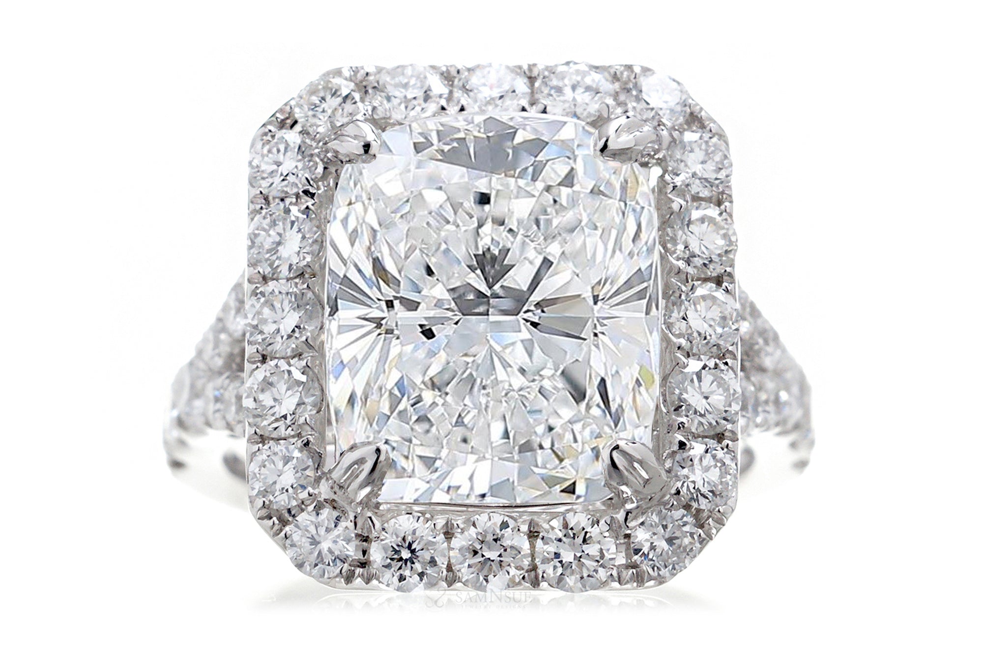 Cushion diamond ring with large halo and split band setting