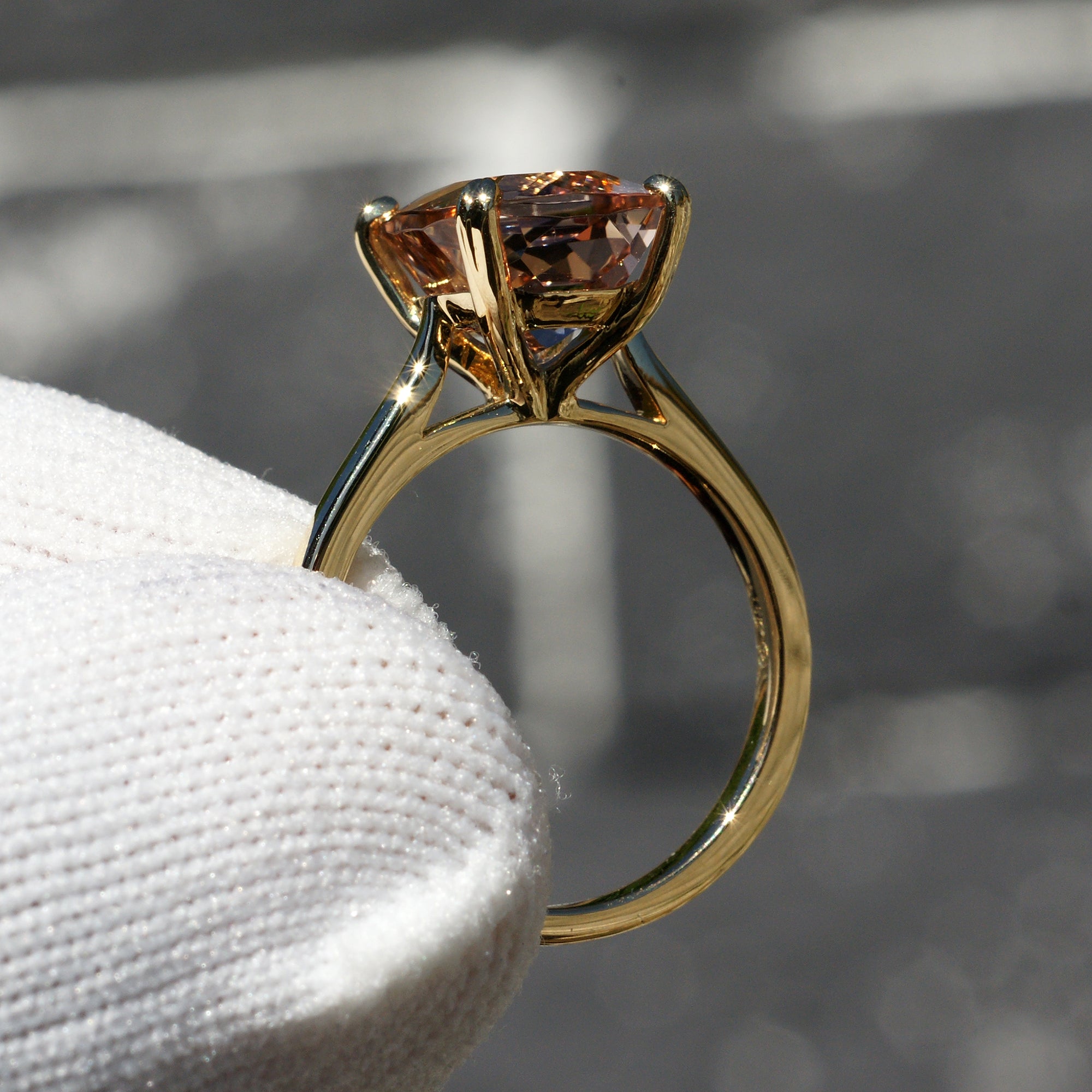 Cushion Morganite Engagement Solitaire Ring In Yellow Gold Cathedral Setting