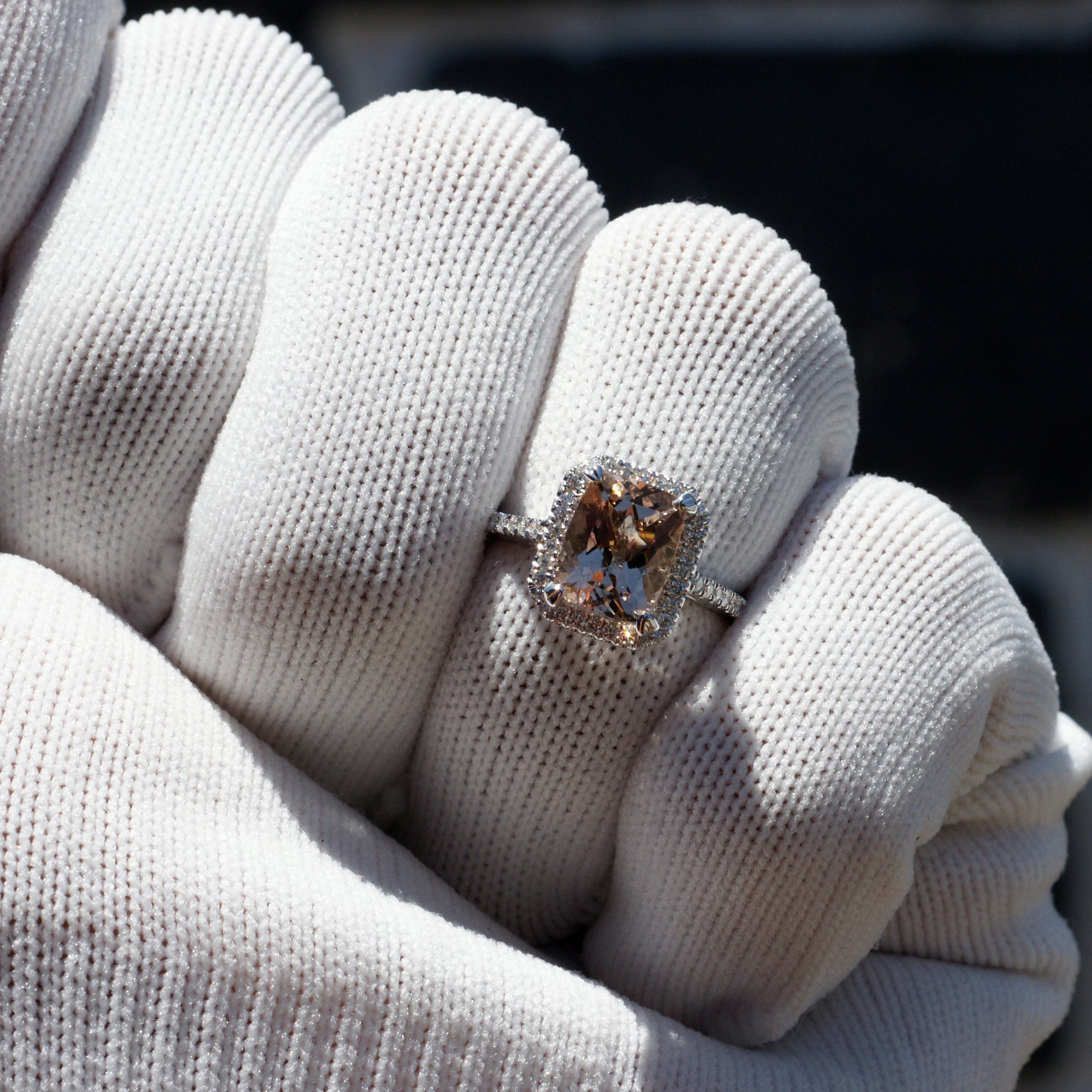 Cushion morganite engagement ring in white gold with diamond halo and band