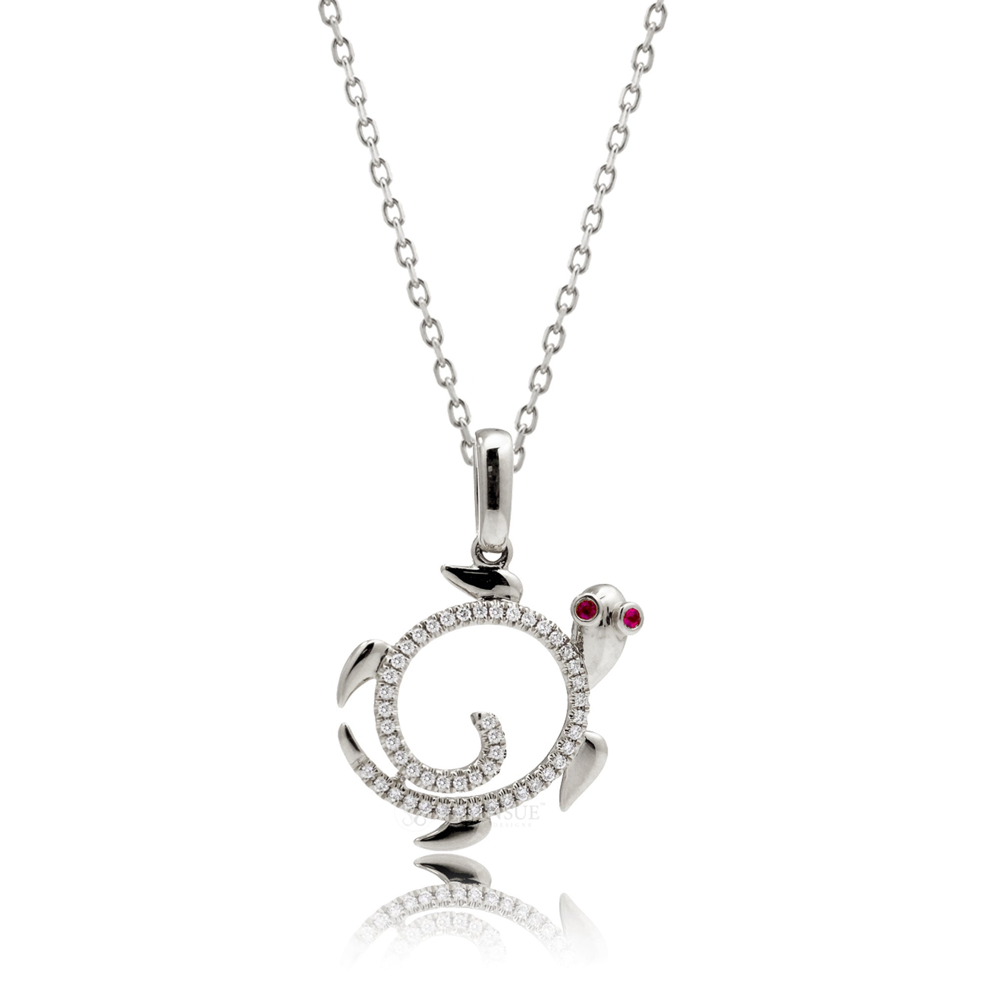 Swirl wave diamond turtle pendant necklace in white gold with ruby eyes