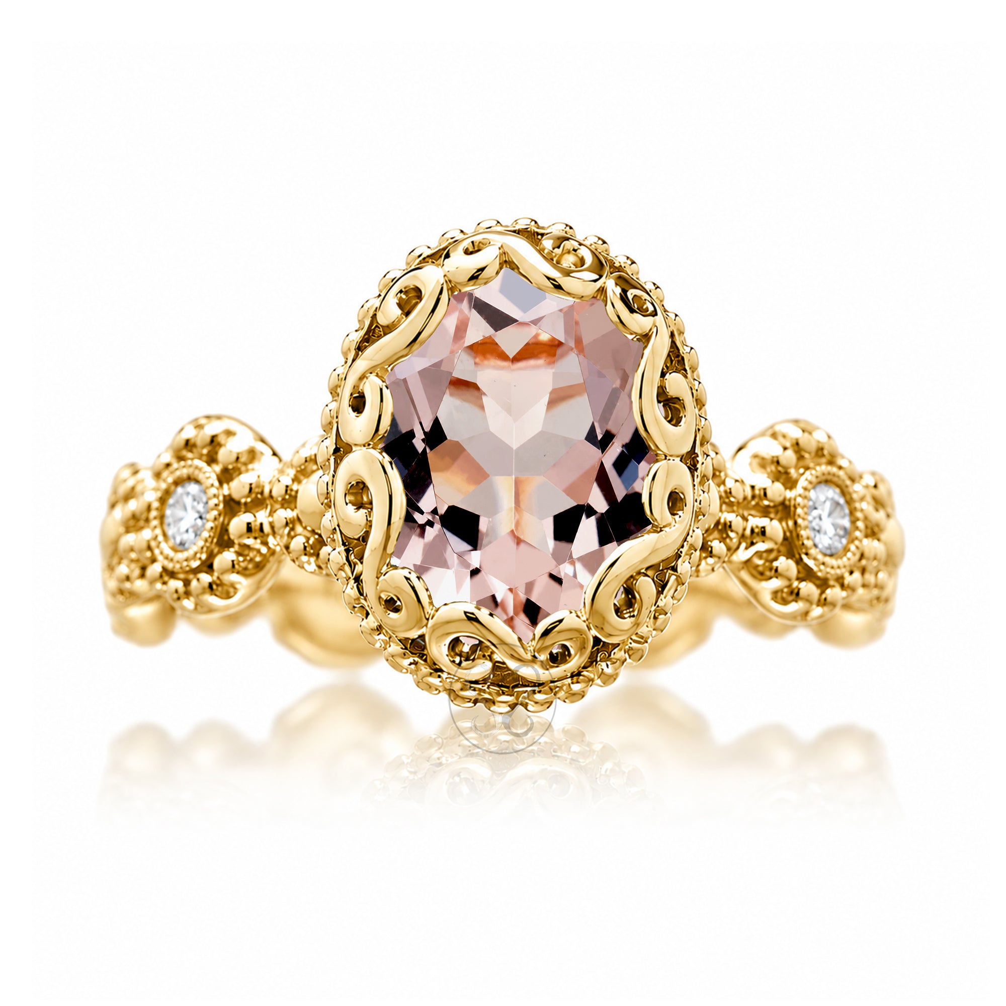 Morganite ring in a vintage bohemian design eternity band with bezel setting yellow gold
