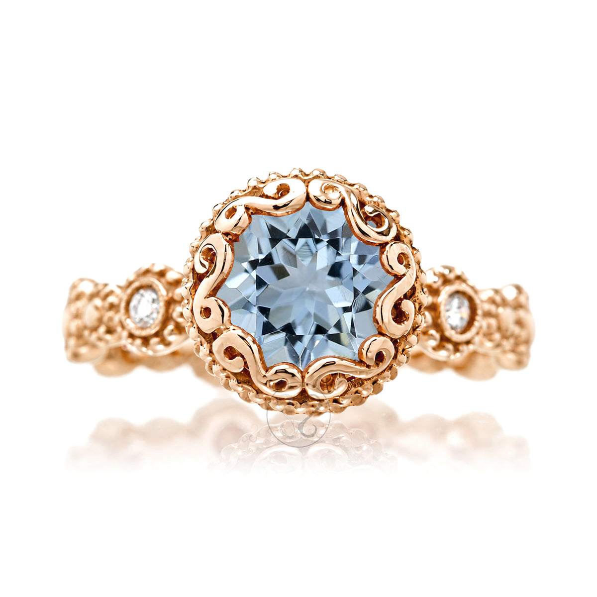 Round aquamarine bezel ornate center stone with vintage style eternity band rose gold The Nilda