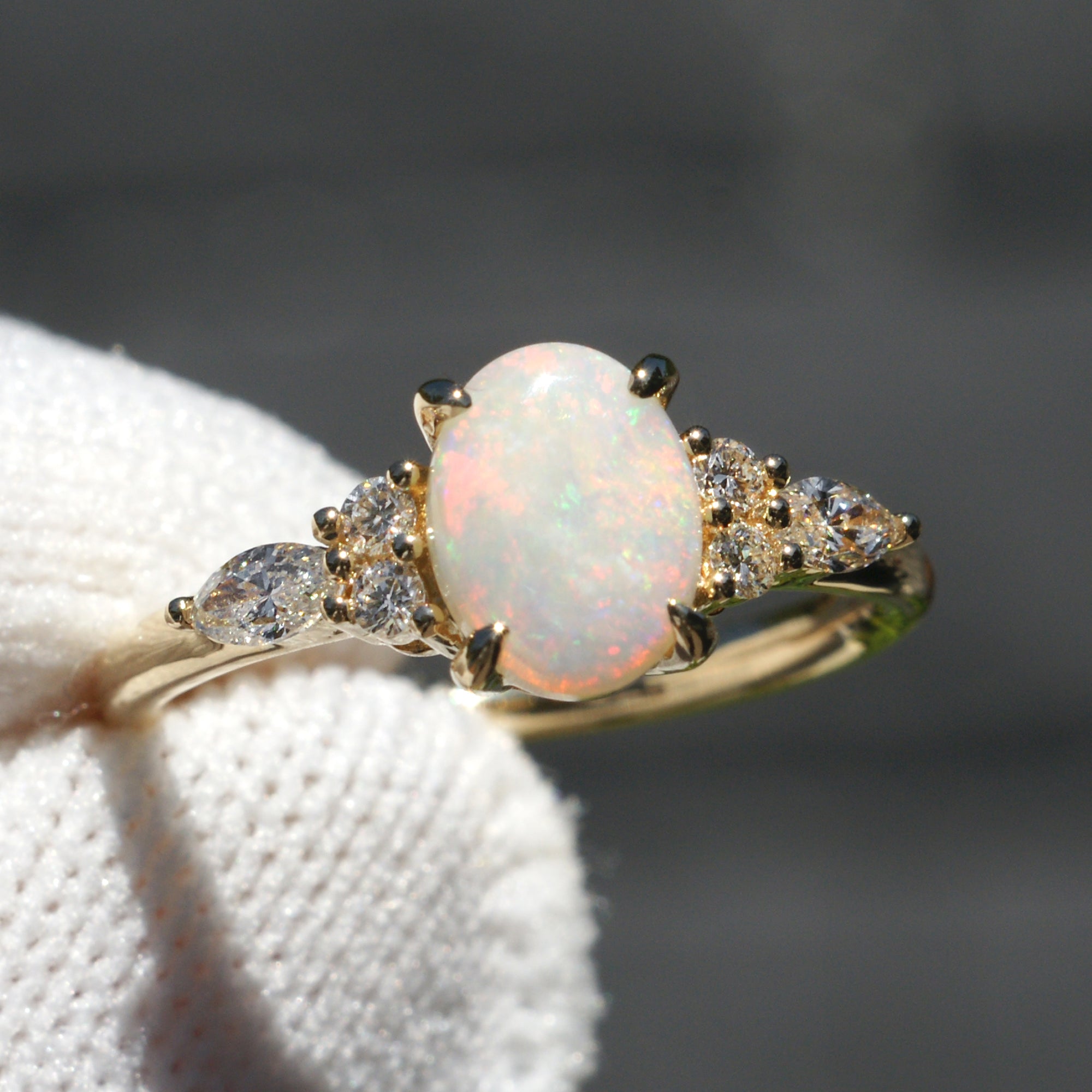  Natural Opal and marquise diamond ring in yellow gold