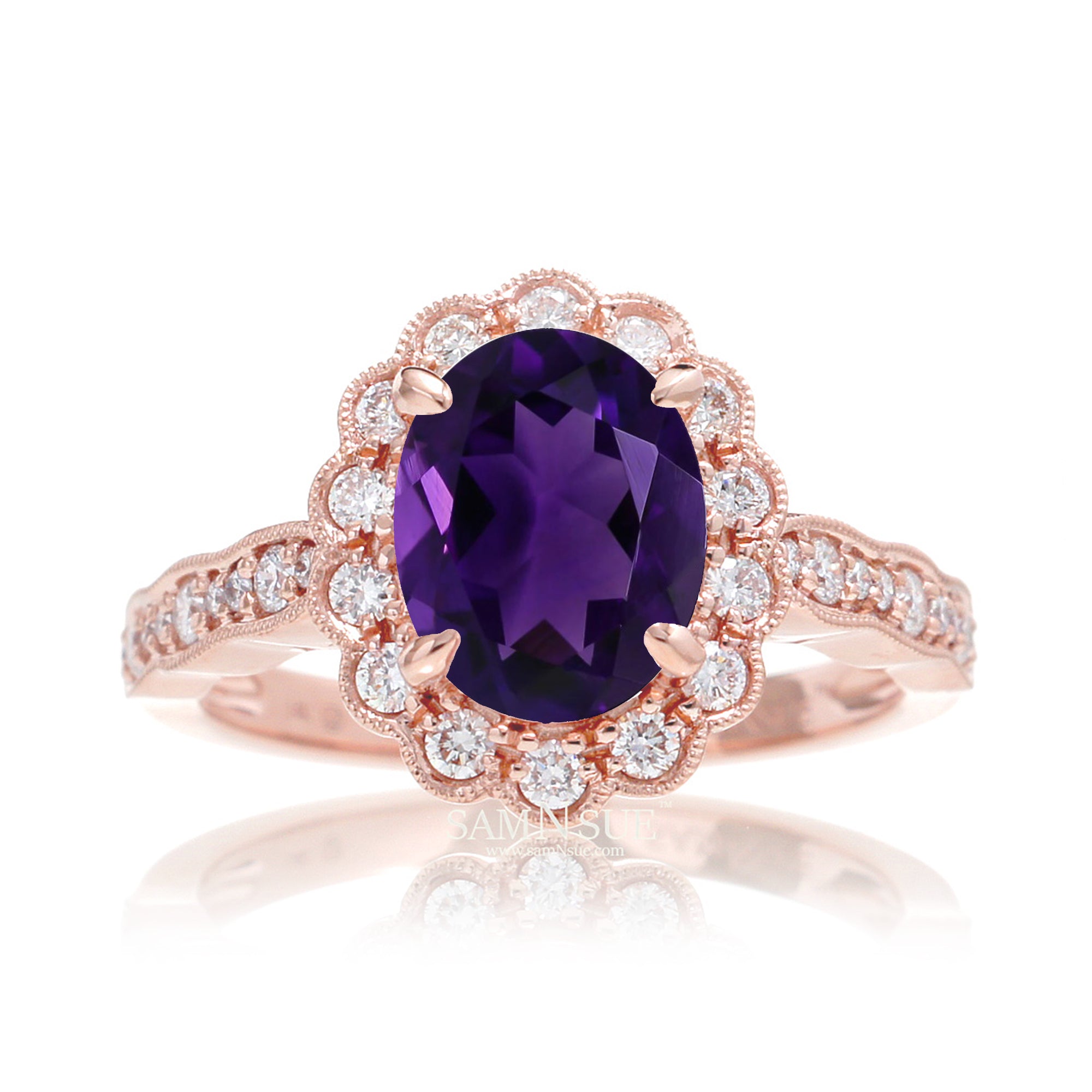 Amethyst diamond ring with vintage scallop halo and band rose gold