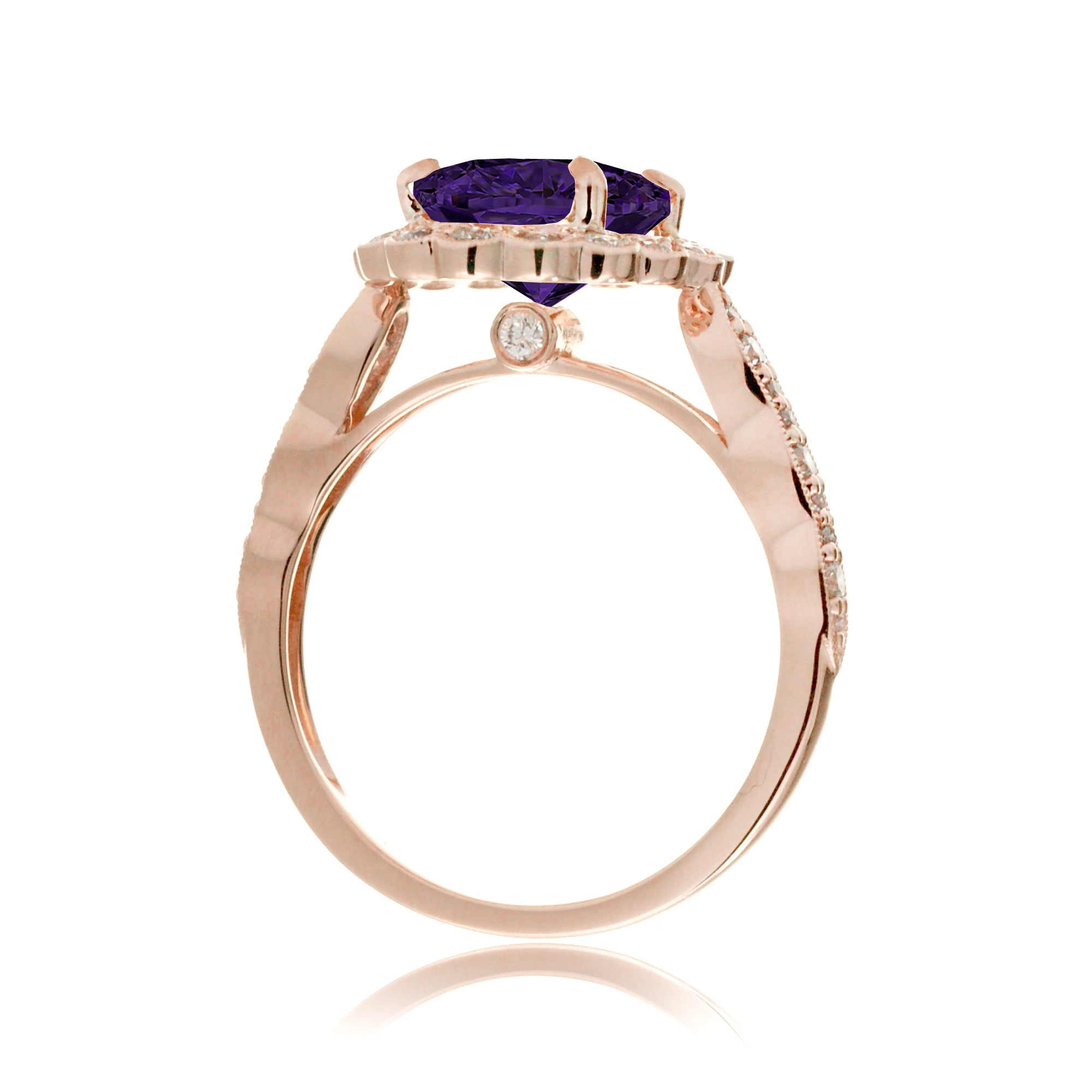 Amethyst diamond ring with vintage scallop halo and band rose gold