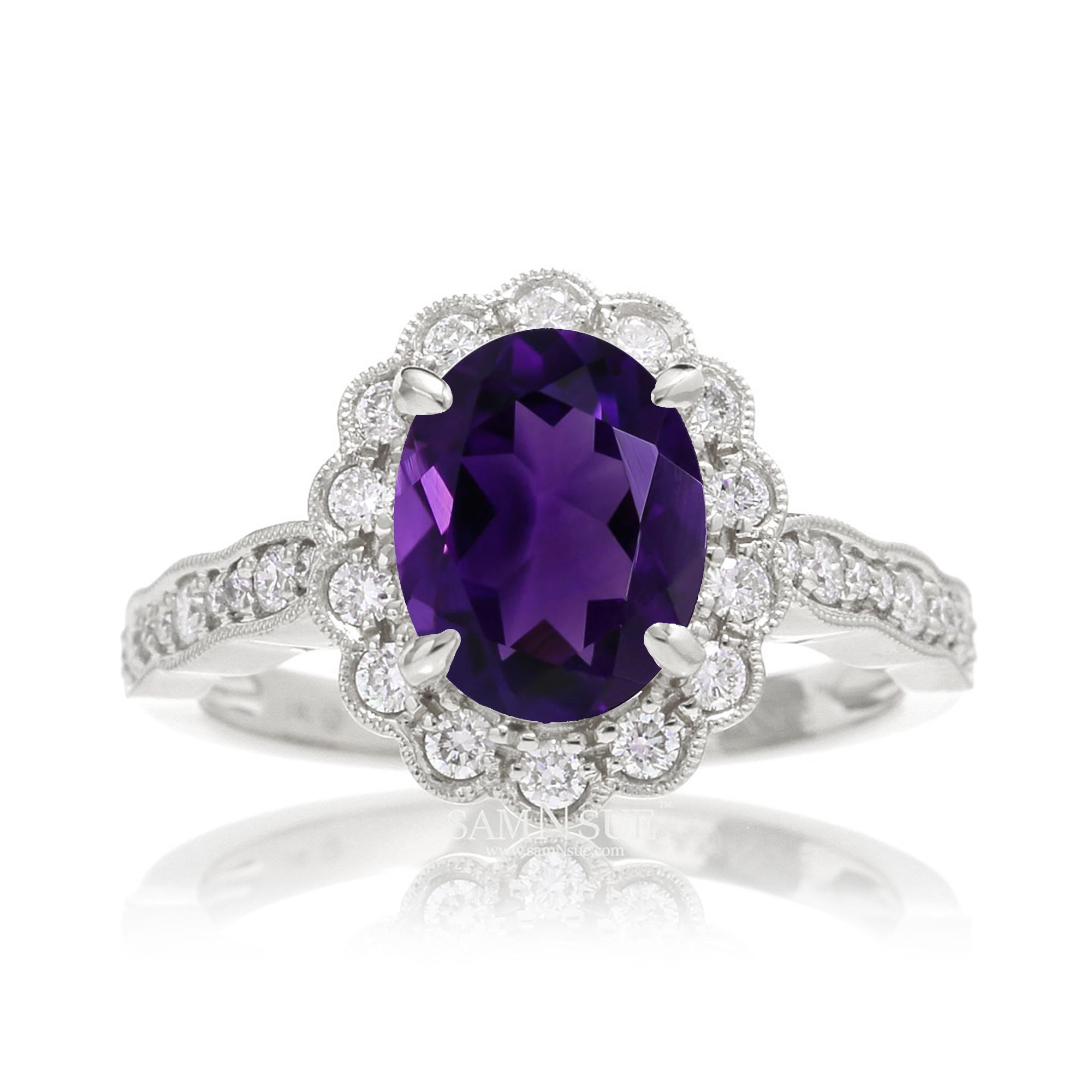 Amethyst diamond ring with vintage scallop halo and band white gold