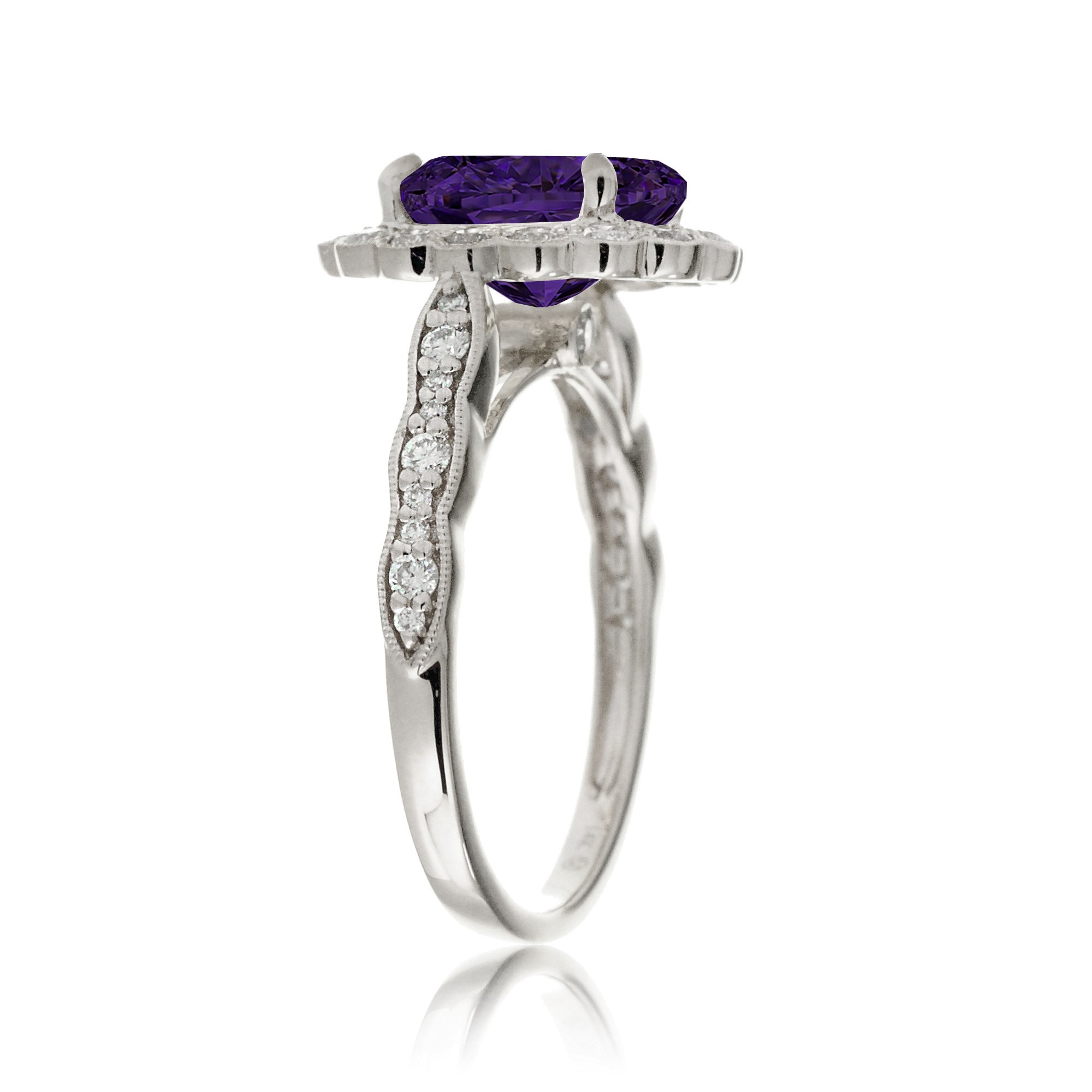 Amethyst diamond ring with vintage scallop halo and band white gold