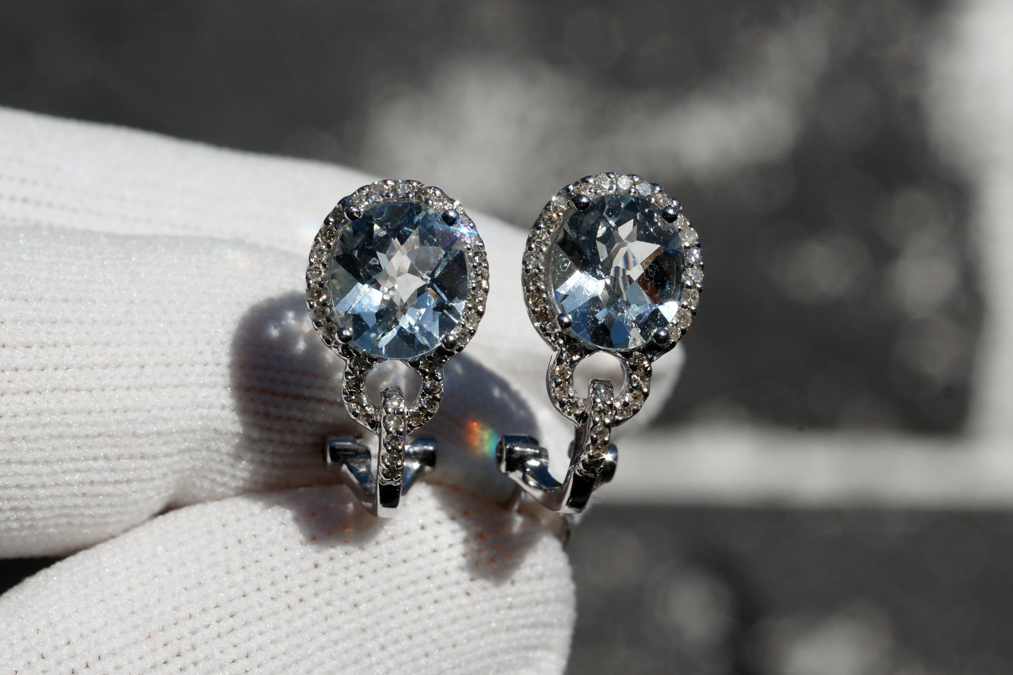 Oval Aquamarine Diamond Halo Huggies Earrings