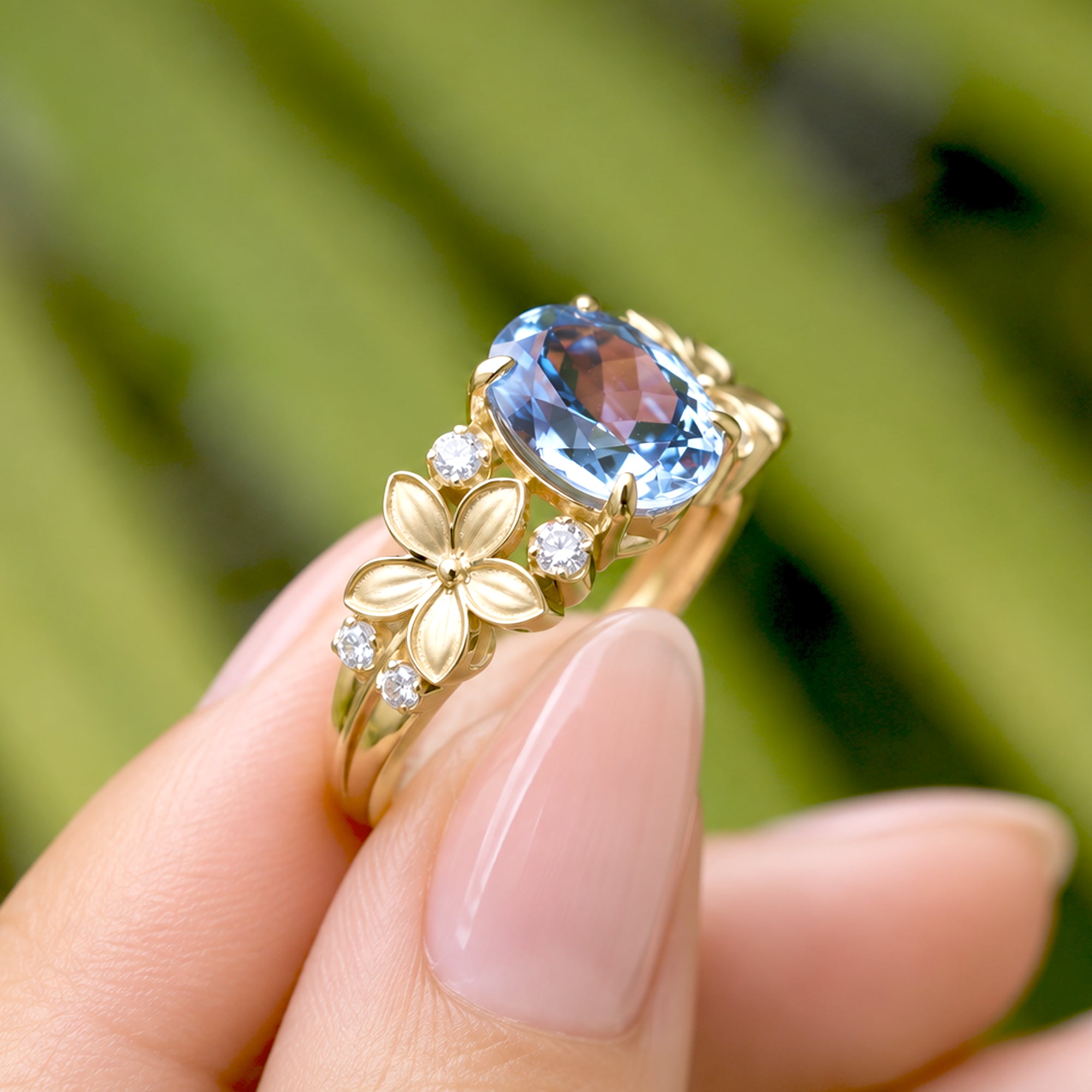 Aquamarine and diamond ring with plumeria flower design in yellow gold on a hand