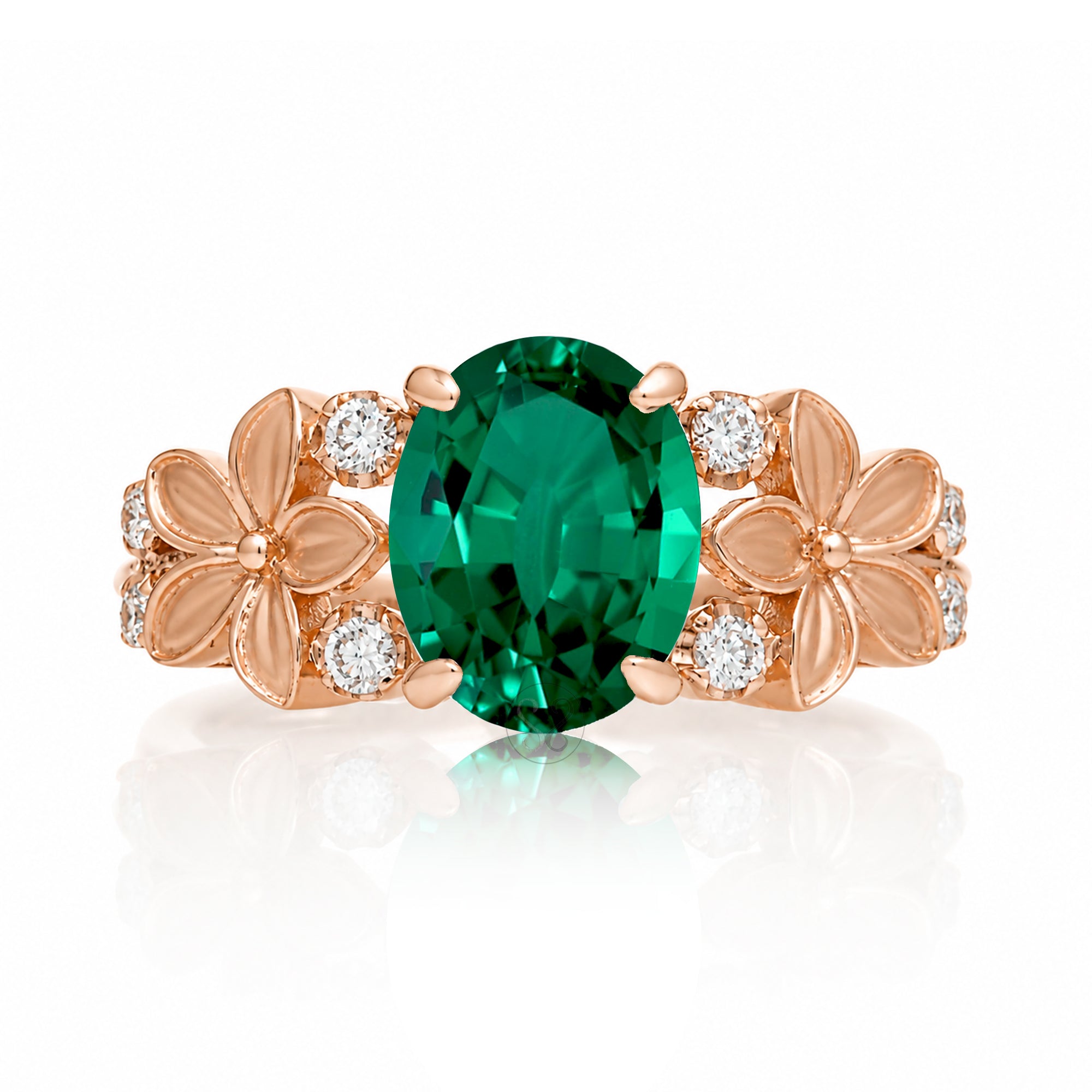 Oval emerald diamond ring with plumeria flower island style rose gold