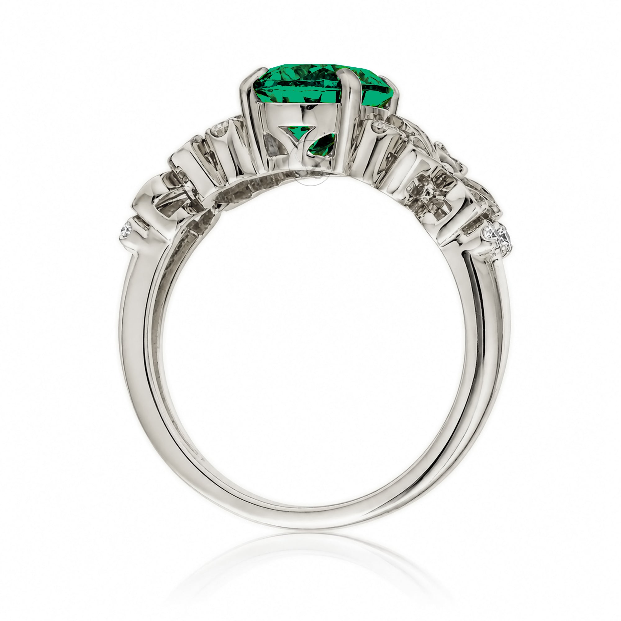Oval emerald diamond ring with plumeria flower island style white gold
