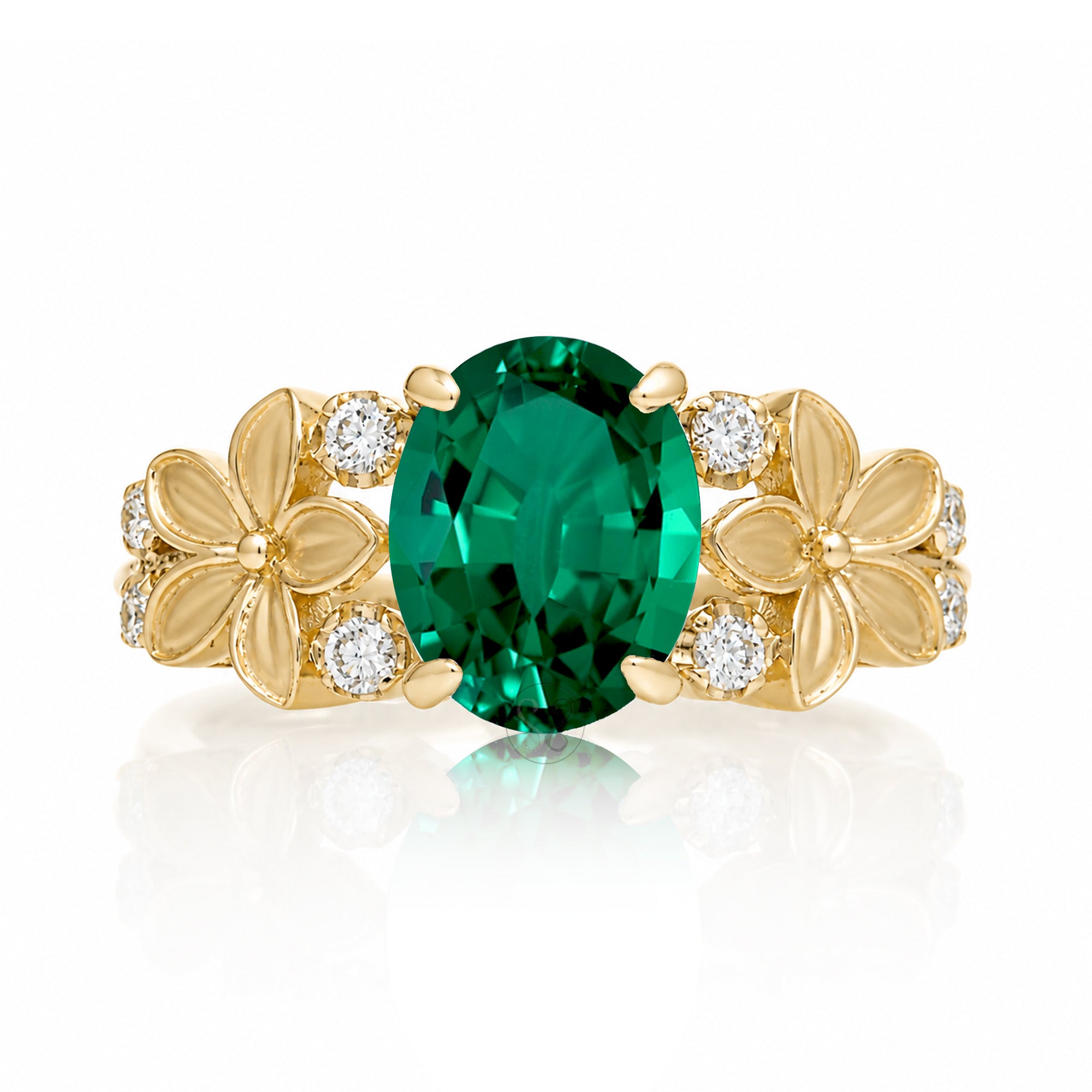 Oval emerald diamond ring with plumeria flower island style yellow gold