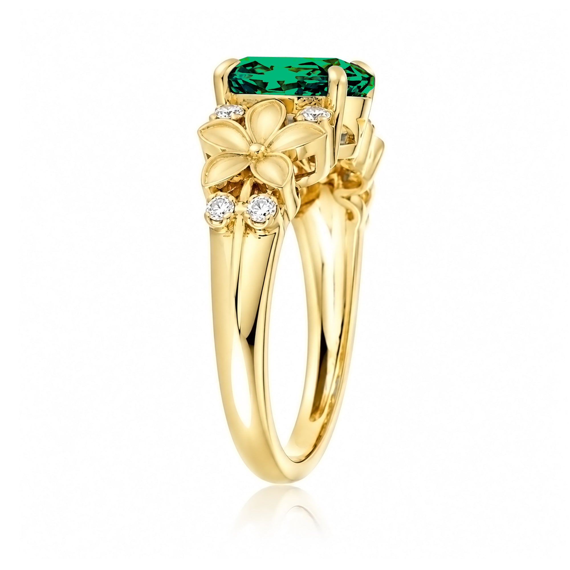 Oval emerald diamond ring with plumeria flower island style yellow gold