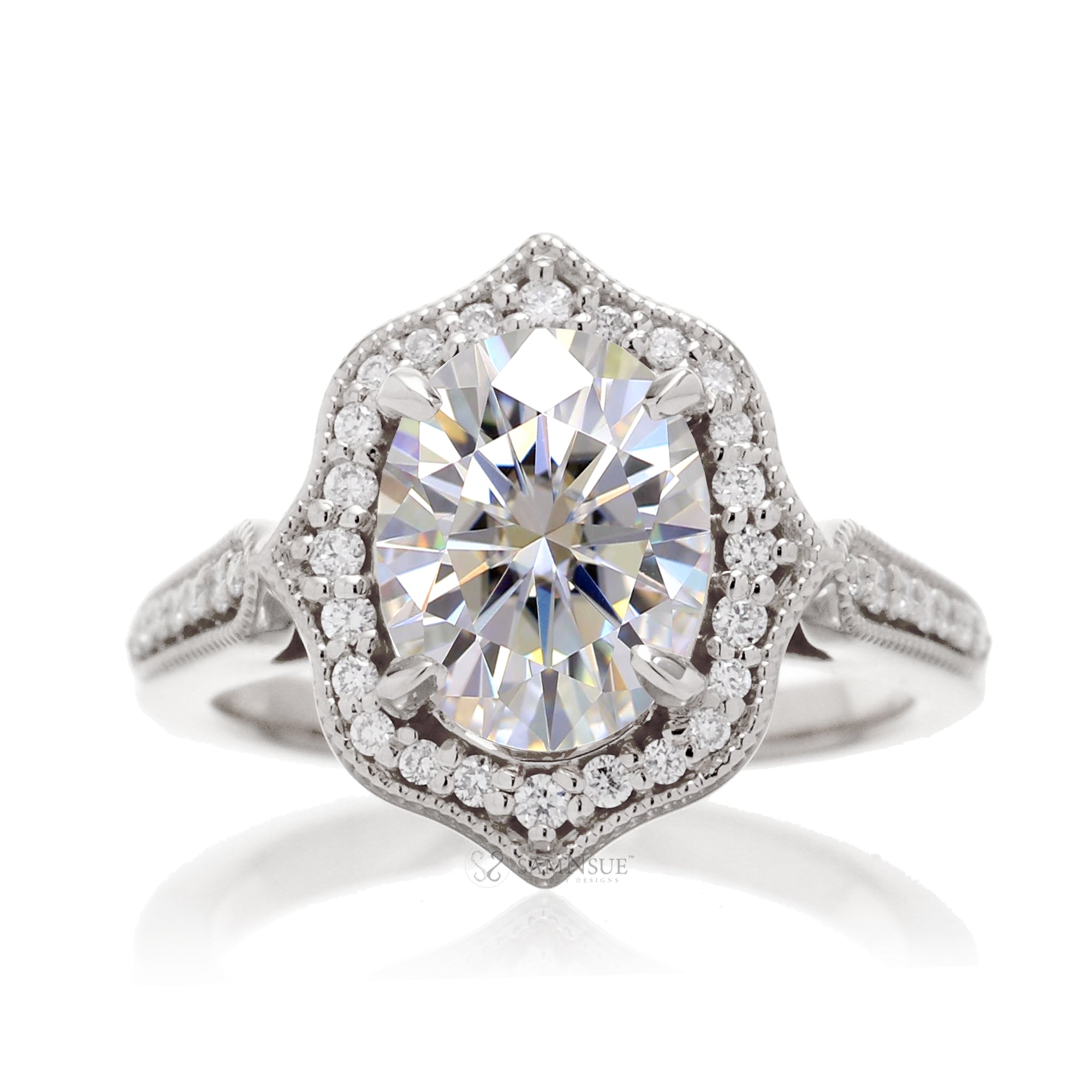 Elegant Oval Moissanite and Diamond Ring in White Gold