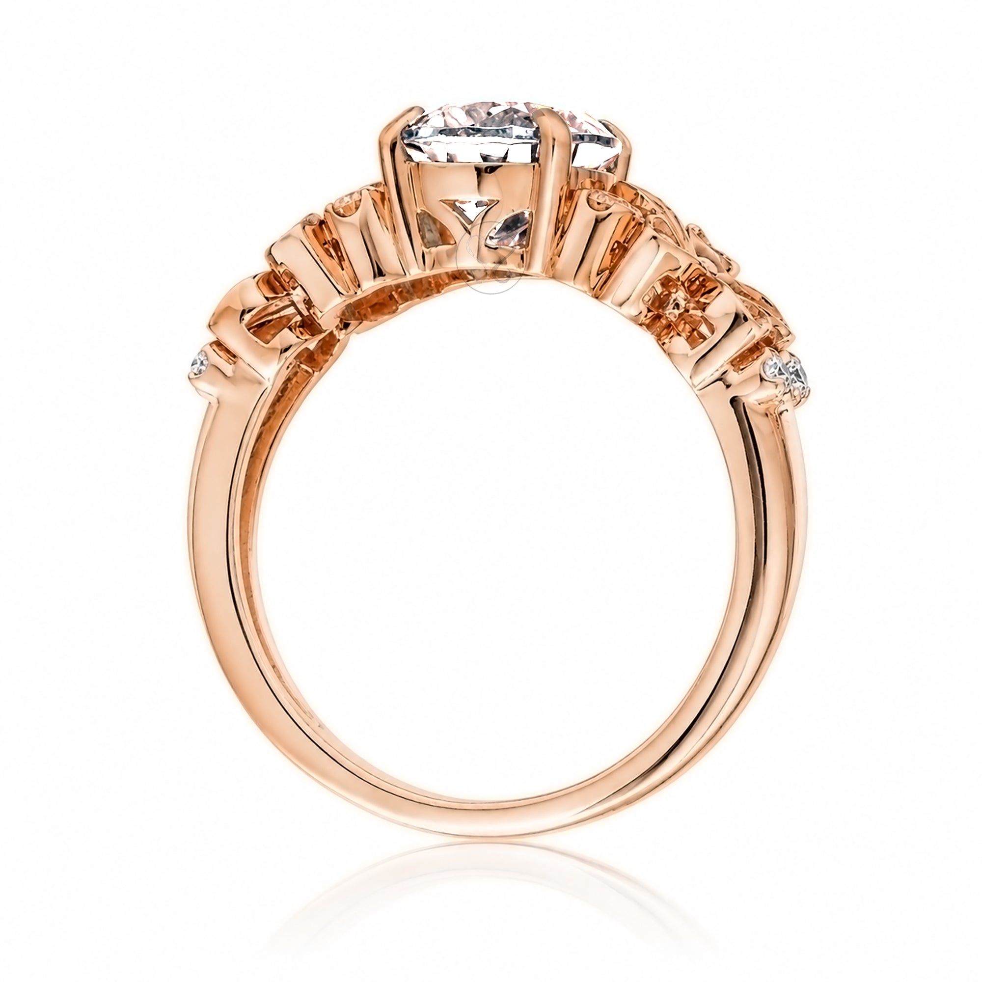 Morganite ring with plumeria flower and diamond in rose gold