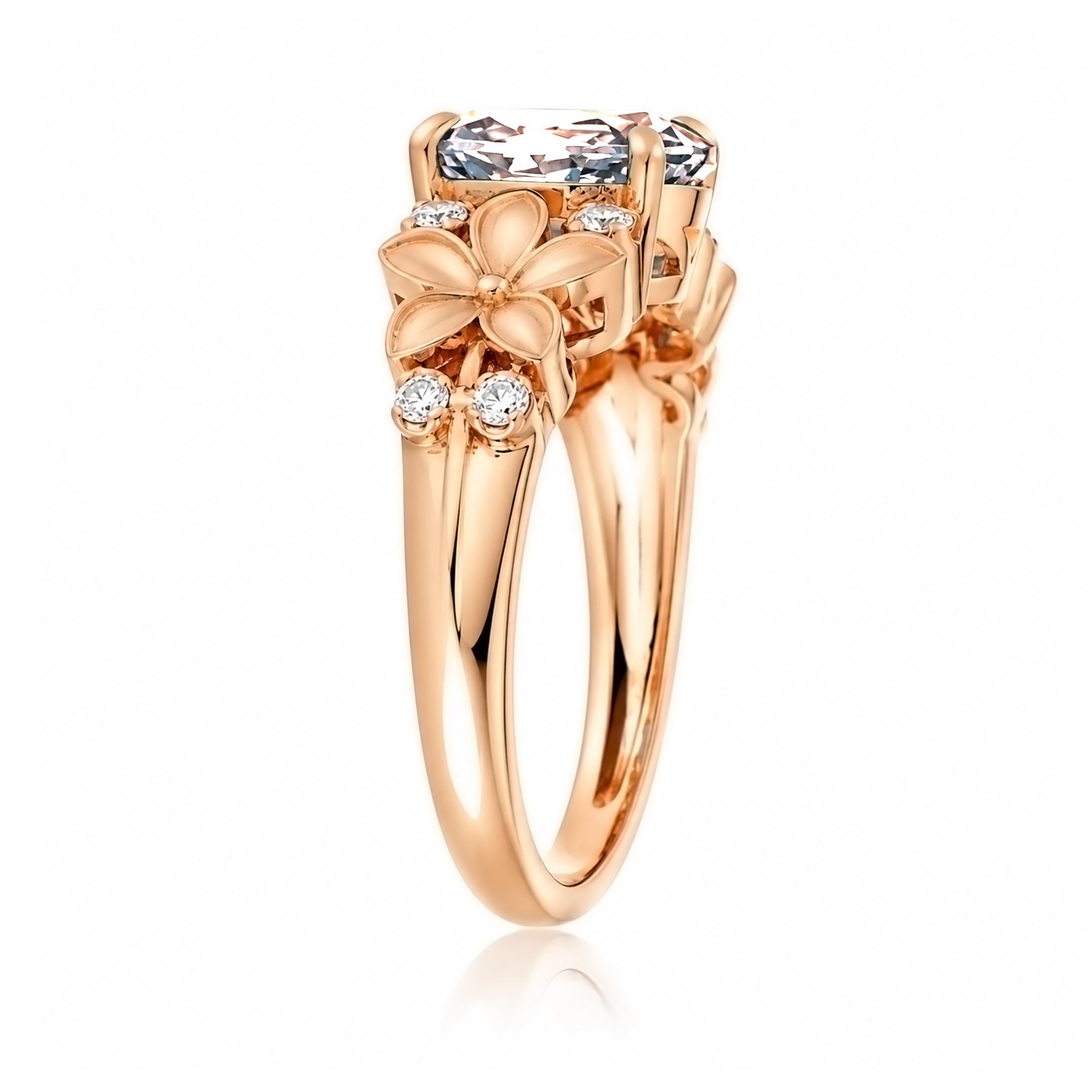 Morganite ring with plumeria flower and diamond in rose gold