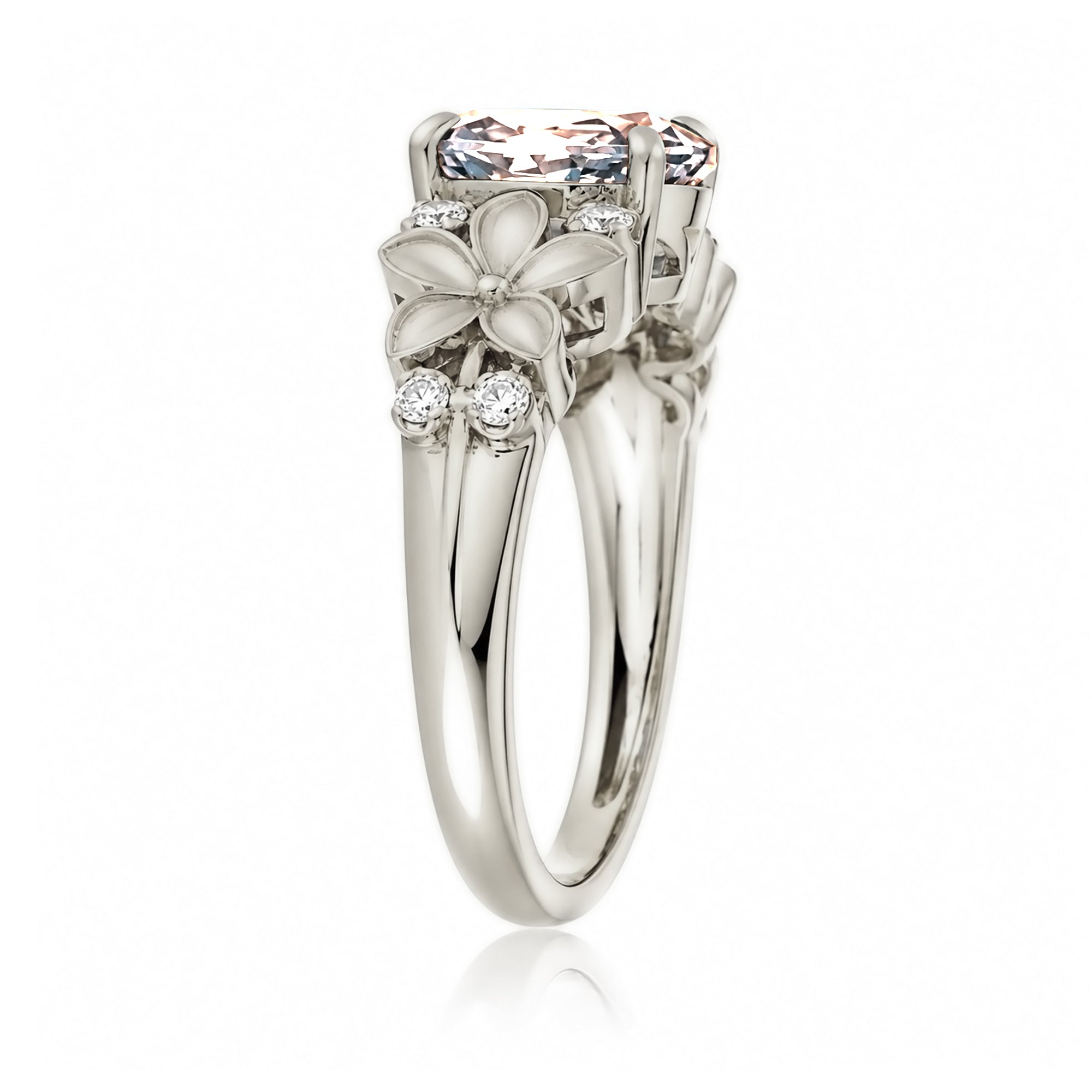 Morganite ring with plumeria flower and diamond in white gold