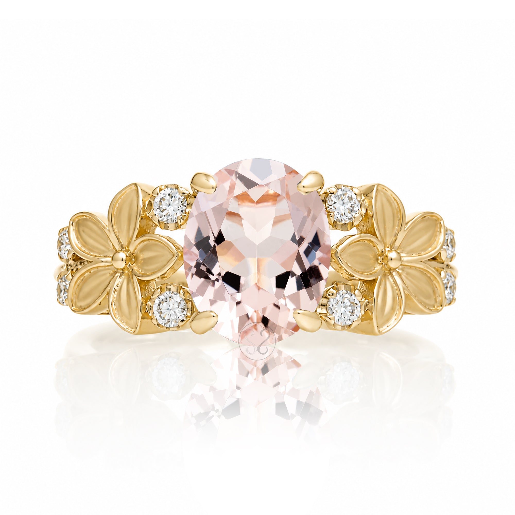 Morganite ring with plumeria flower and diamond in yellow gold