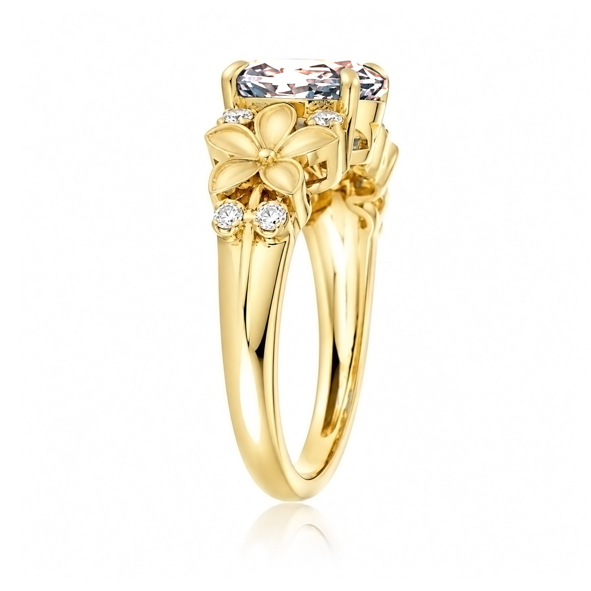 Morganite ring with plumeria flower and diamond in yellow gold