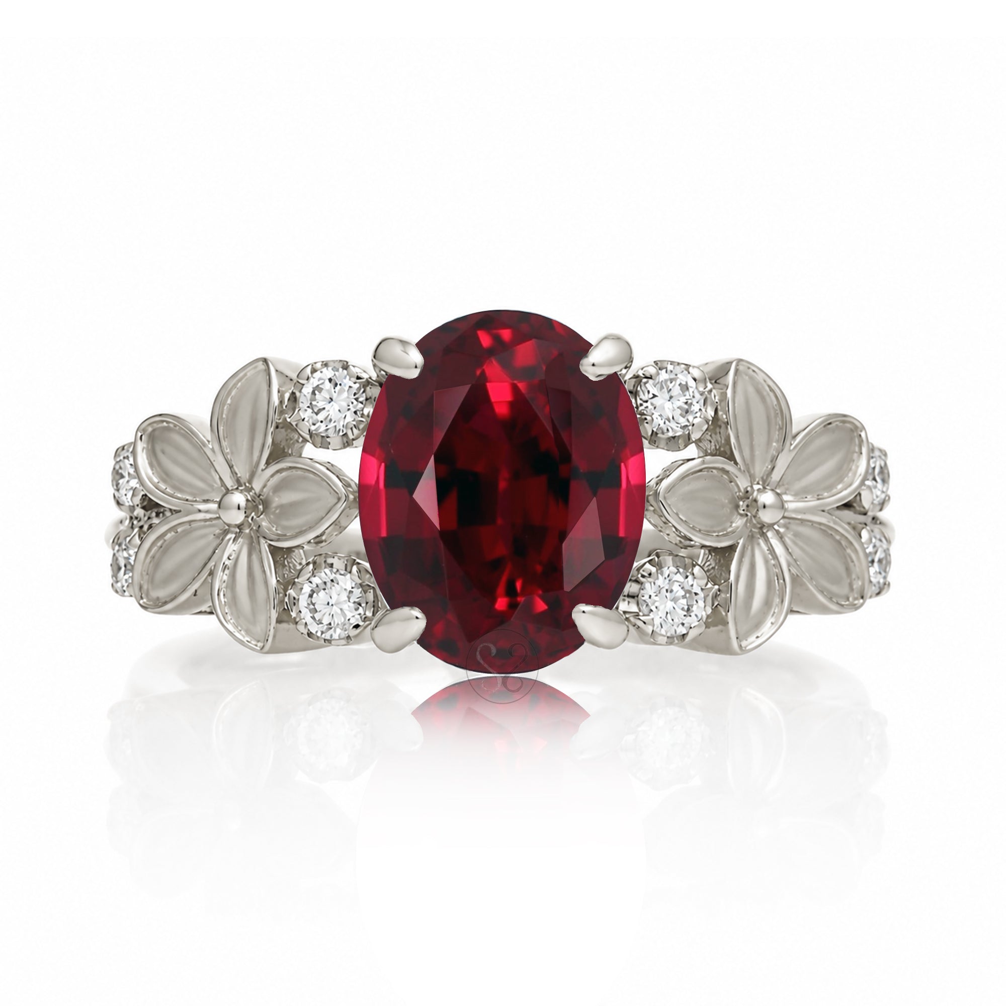 Oval ruby diamond ring with plumeria flower island style white gold