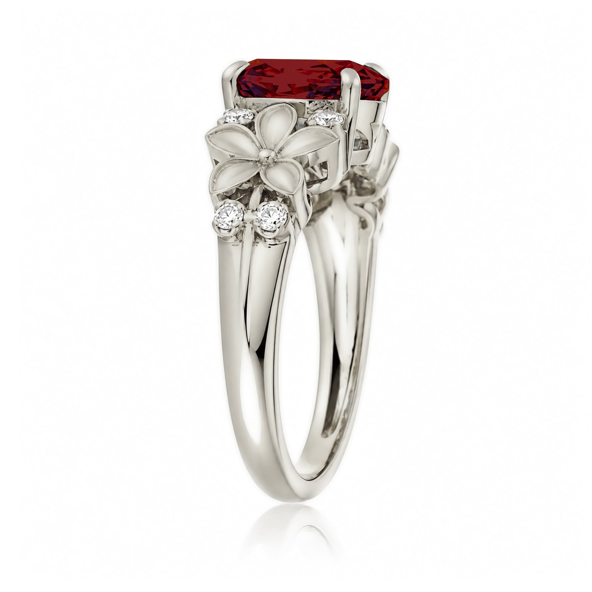 Oval ruby diamond ring with plumeria flower island style white gold