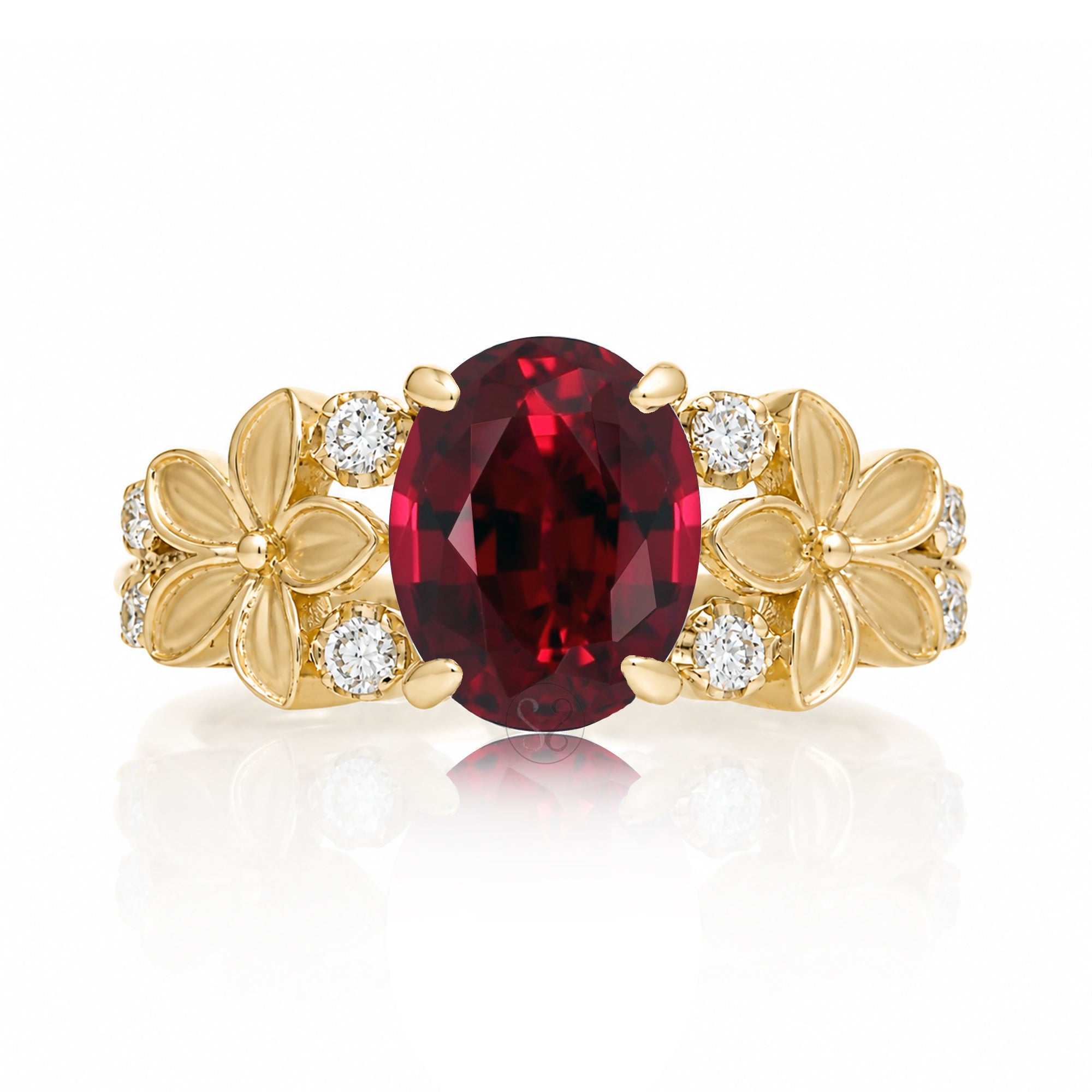 Oval ruby diamond ring with plumeria flower island style yellow gold