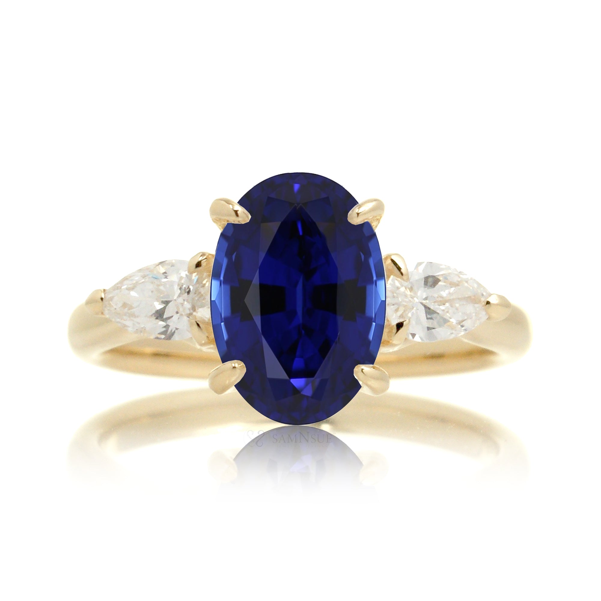 Oval sapphire pear diamond ring yellow gold
