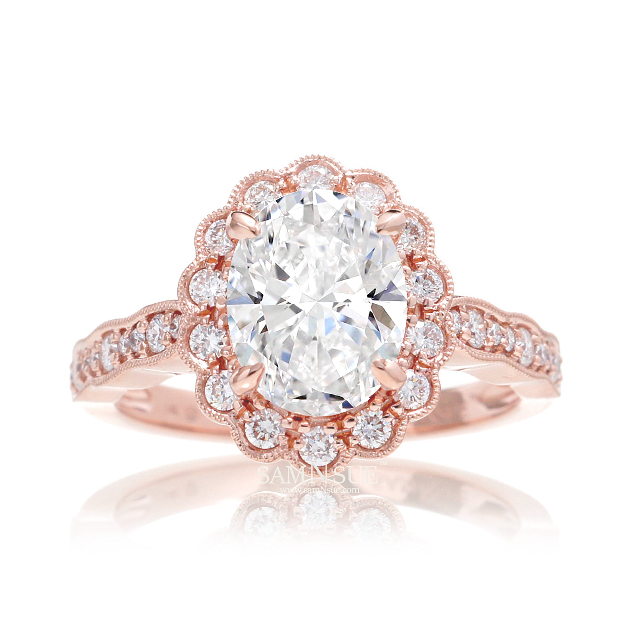 Scallop design oval diamond engagement ring with vintage accent in rose gold