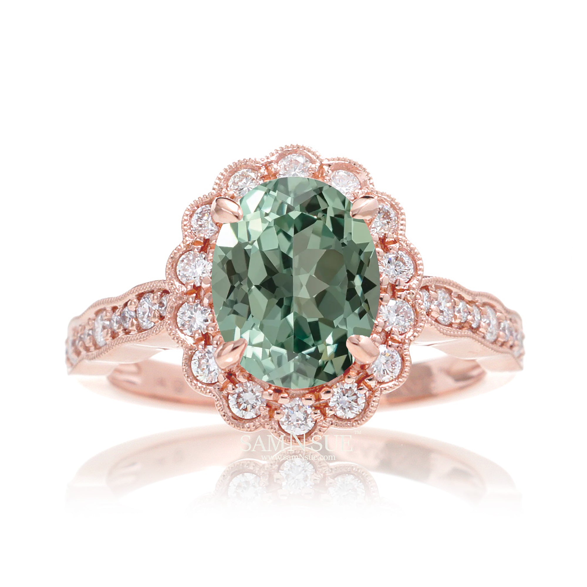 Oval green sapphire diamond scallop ring with vintage filigree rose gold