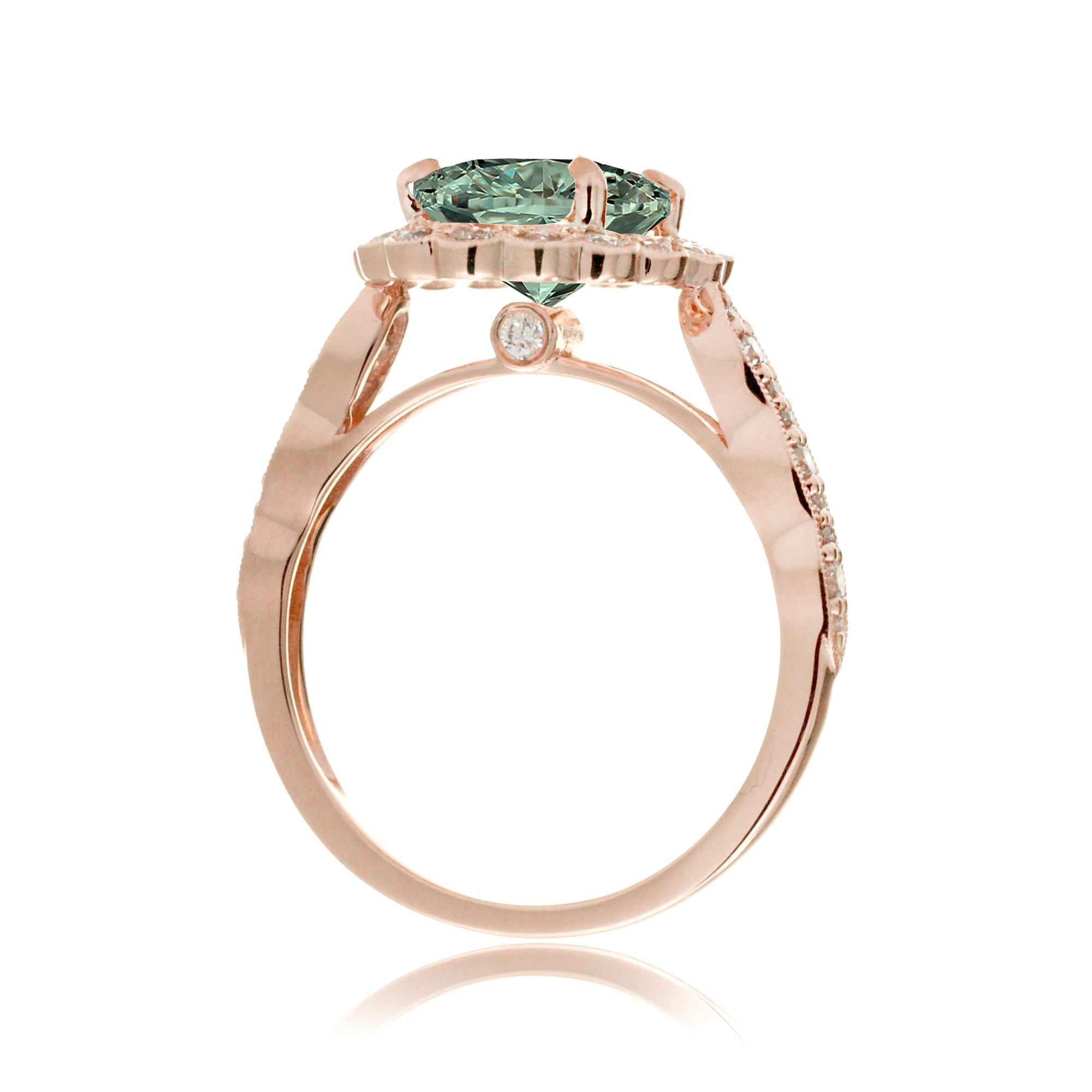Oval green sapphire diamond scallop ring with vintage filigree rose gold