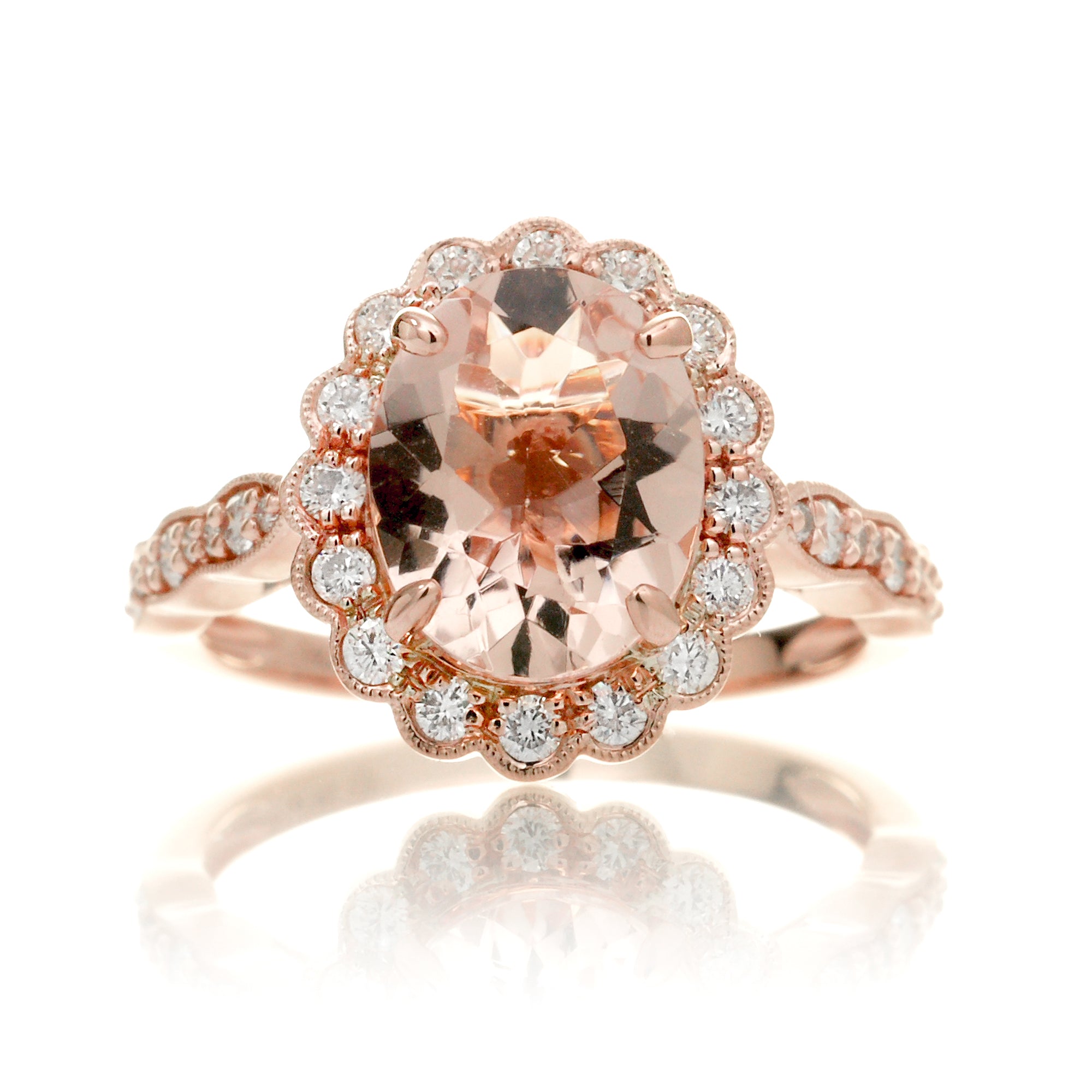 Morganite Engagement Ring in Rose Gold Oval Scallop Diamond Halo