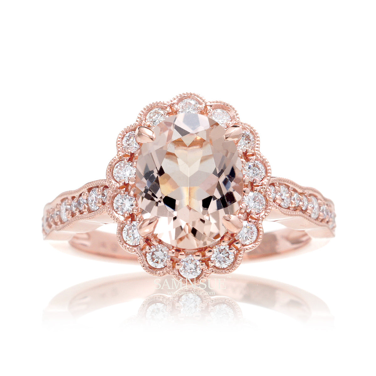 Scallop Setting Oval Morganite Engagement Ring Diamond Scallop Halo Cathedral Setting