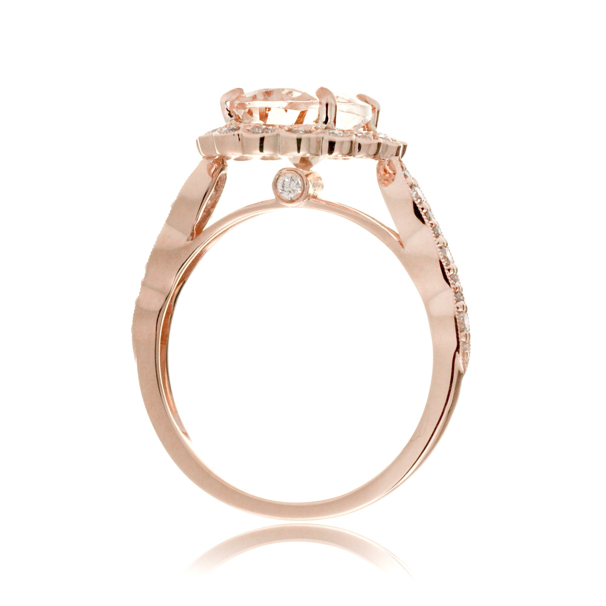 Morganite Engagement Ring in Rose Gold Oval Scallop Diamond Halo Cathedral Profile