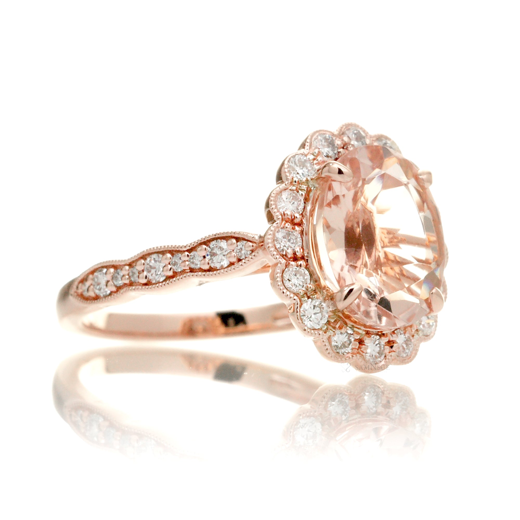 Morganite Engagement Ring in Rose Gold Oval Scallop Diamond Halo Side View