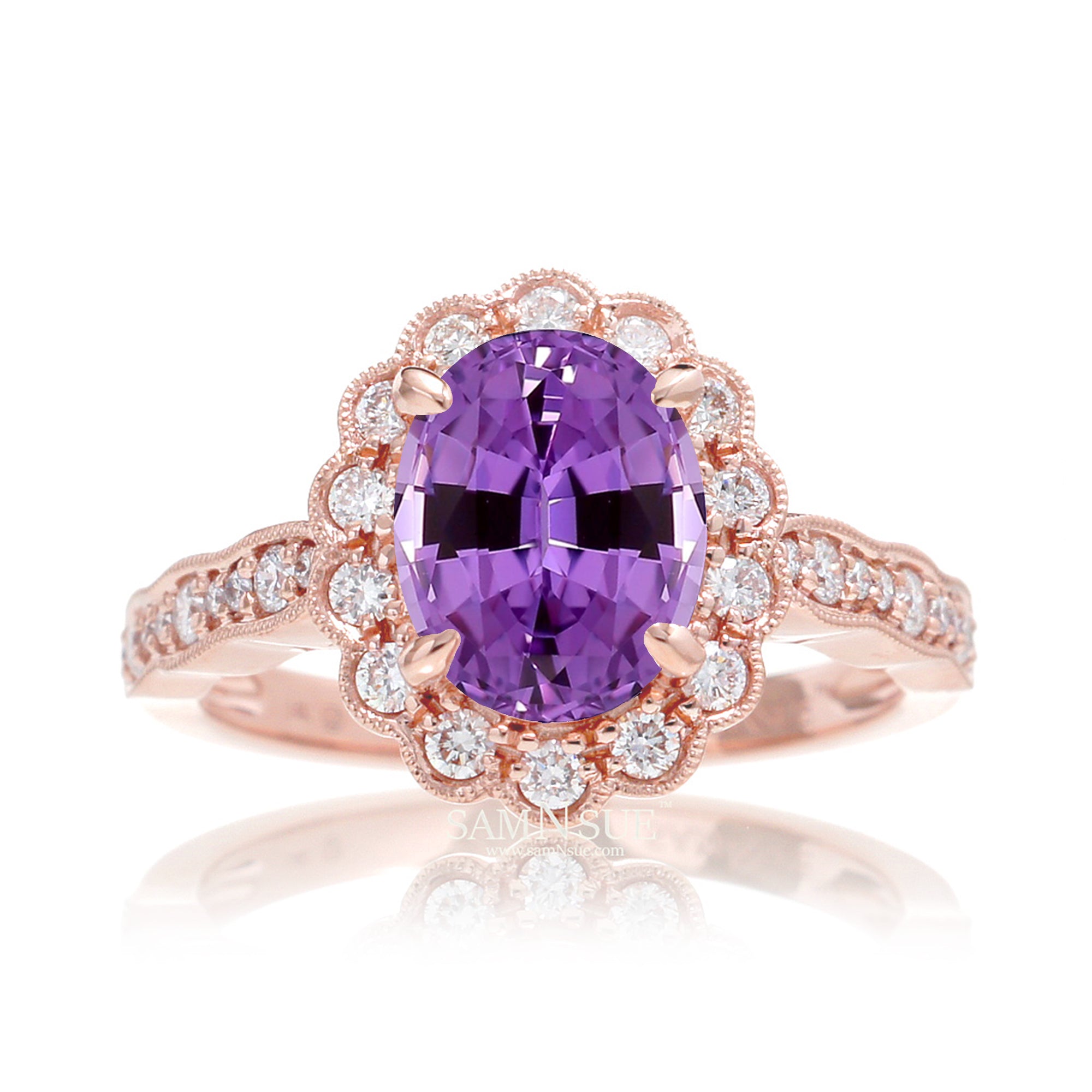 Purple Sapphire diamond ring with vintage scallop halo and band rose gold