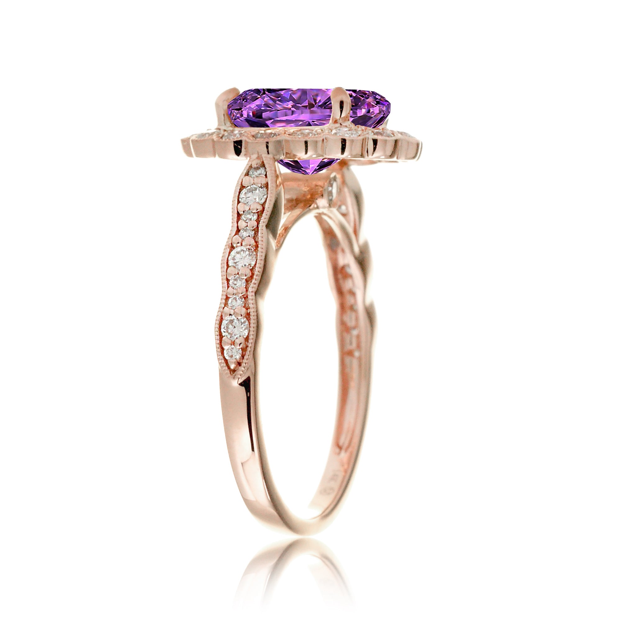 Purple Sapphire diamond ring with vintage scallop halo and band rose gold