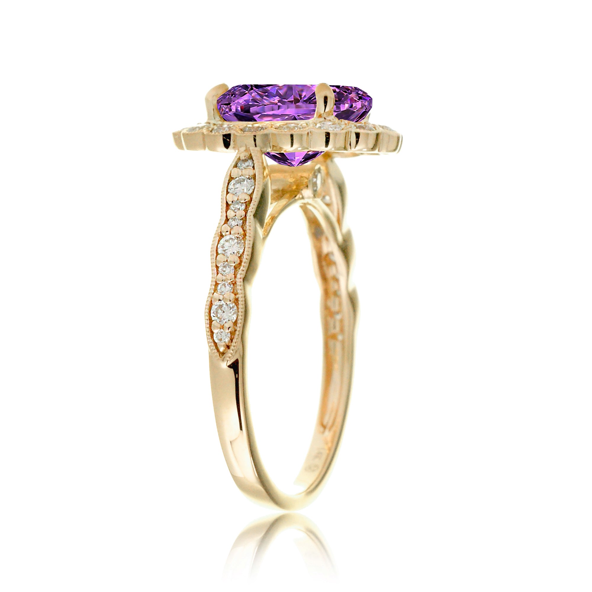 Purple Sapphire diamond ring with vintage scallop halo and band yellow gold