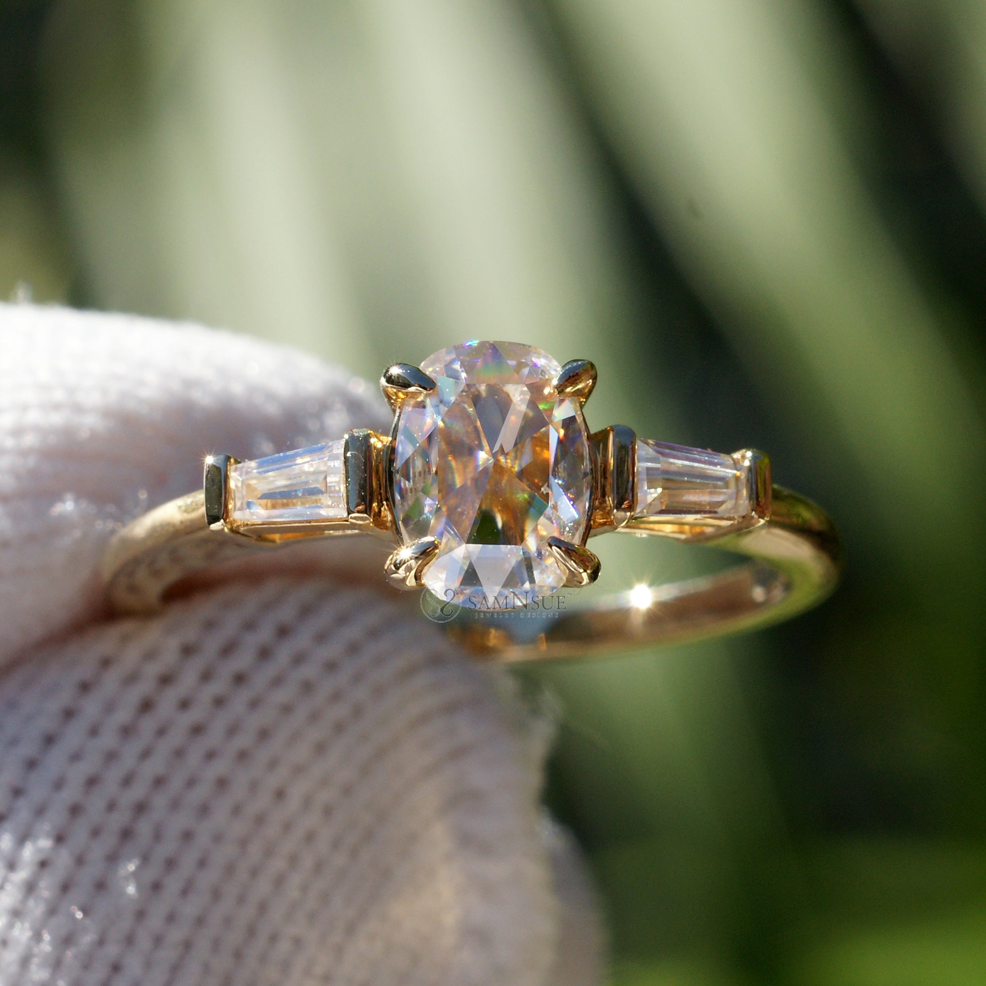 Rose Cut Oval Moissanite Three Stone Baguette Ring
