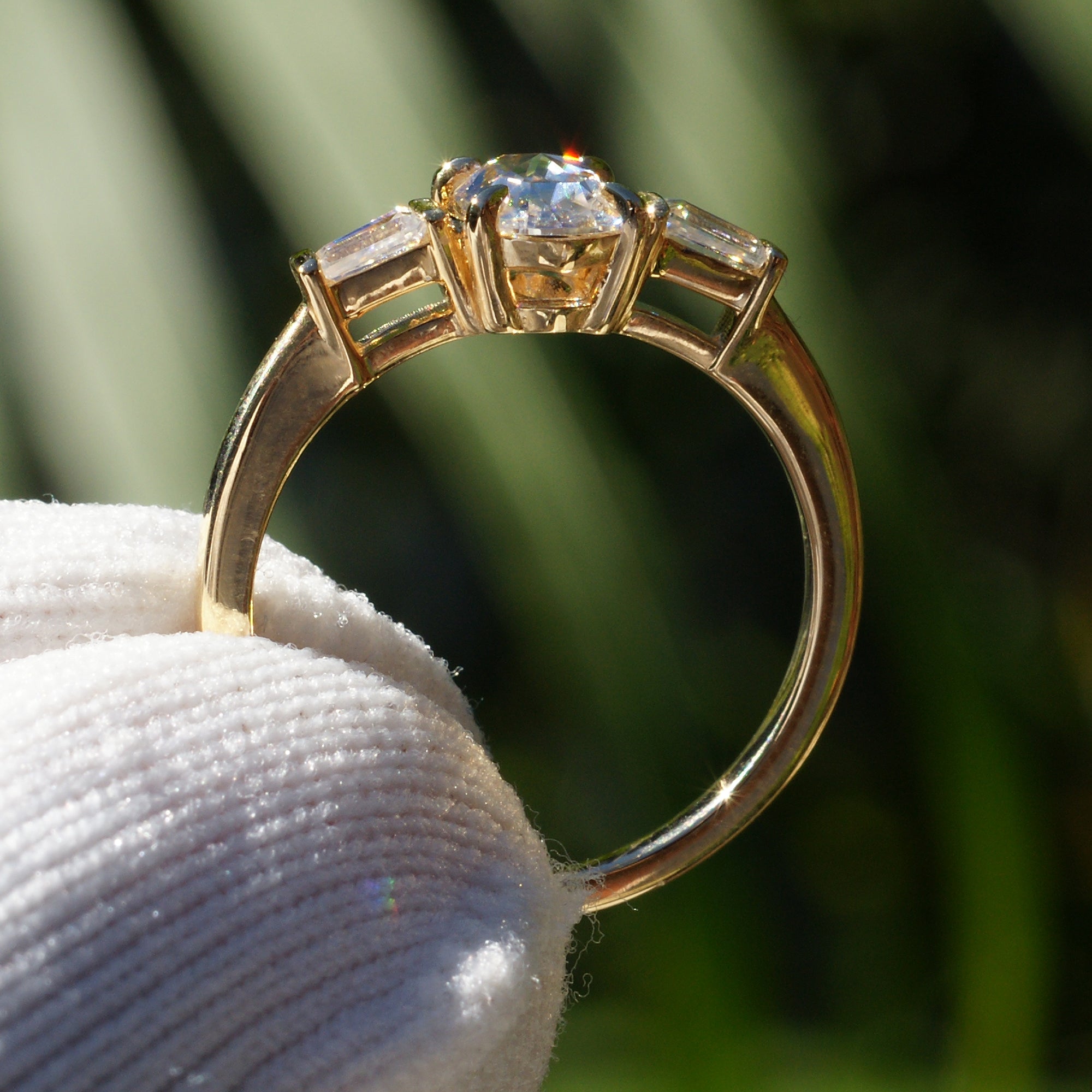 Rose Cut Oval Moissanite Three Stone Baguette Ring