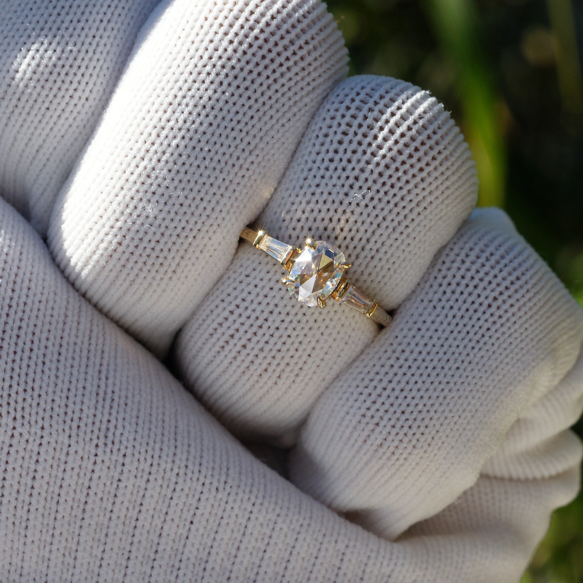 Rose Cut Oval Moissanite Three Stone Baguette Ring