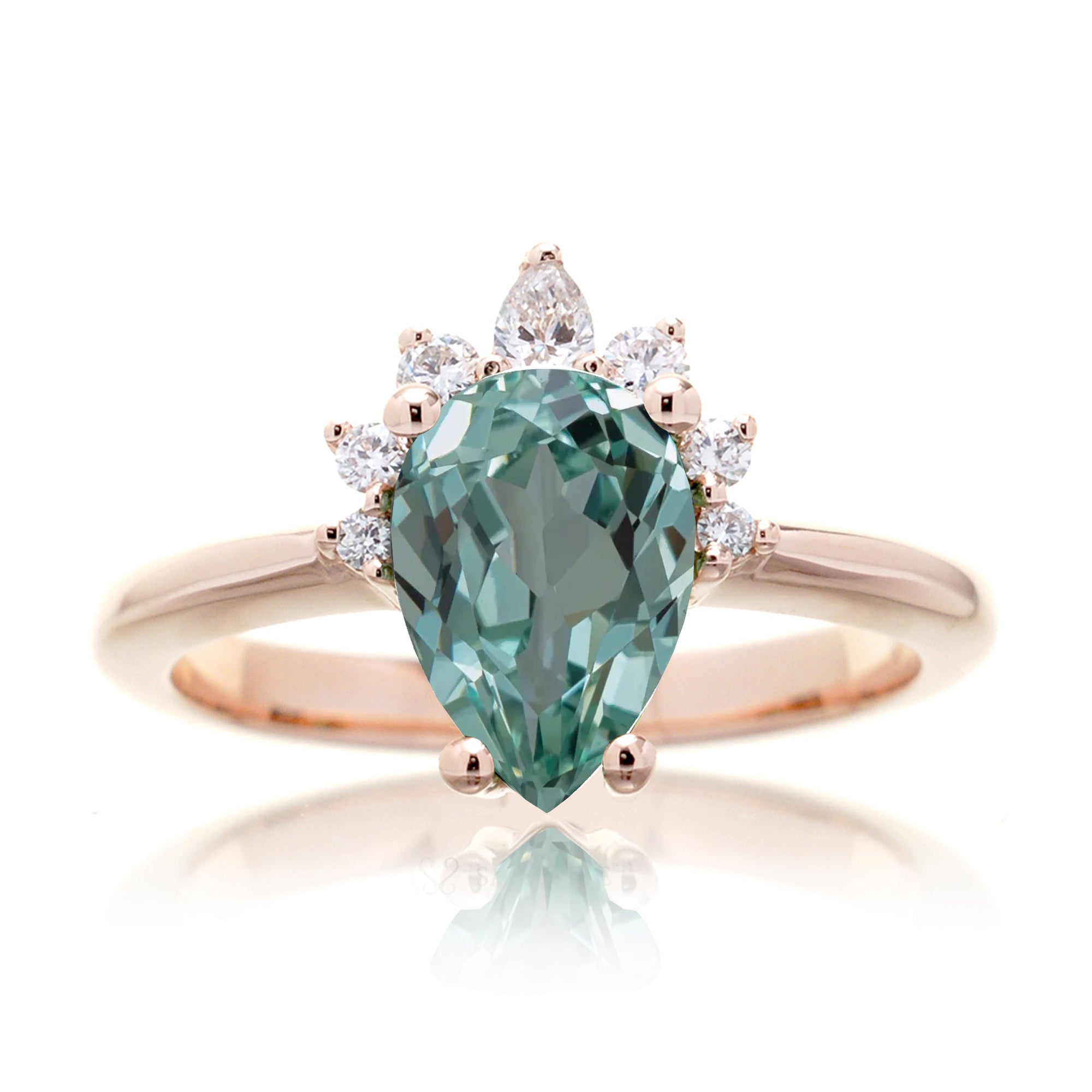 Green sapphire half diamond halo engagement ring The Pacey rose   gold