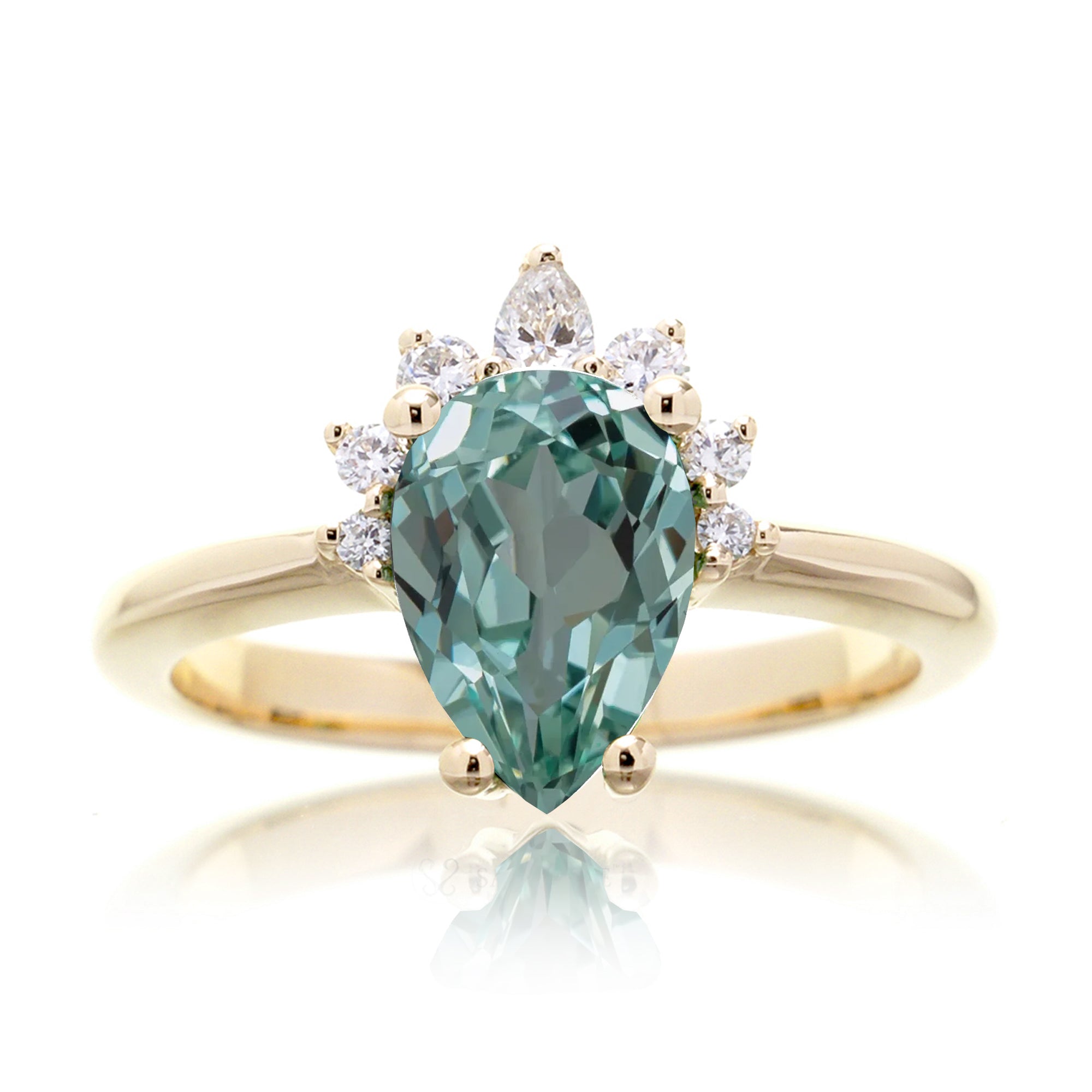 Green sapphire half diamond halo engagement ring The Pacey yellow  gold