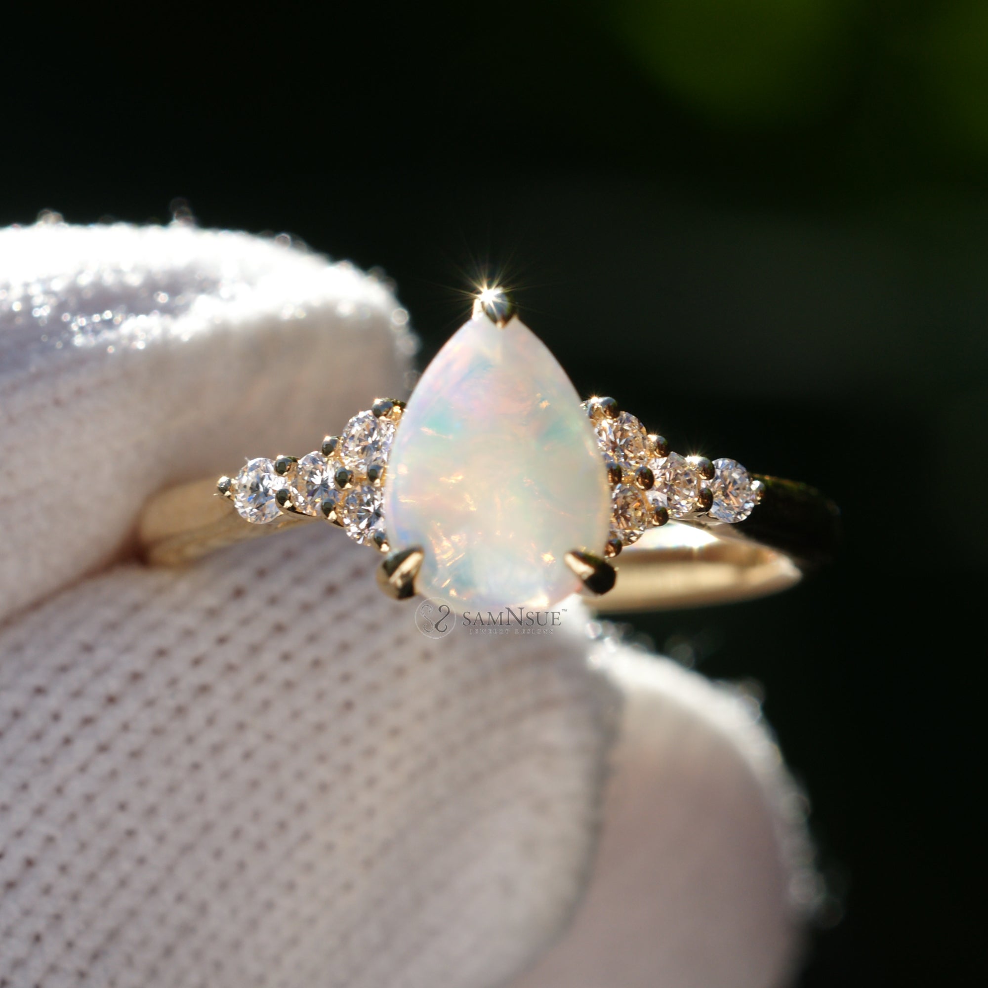 Tear Drop Opal And Diamond Three Stone Ring