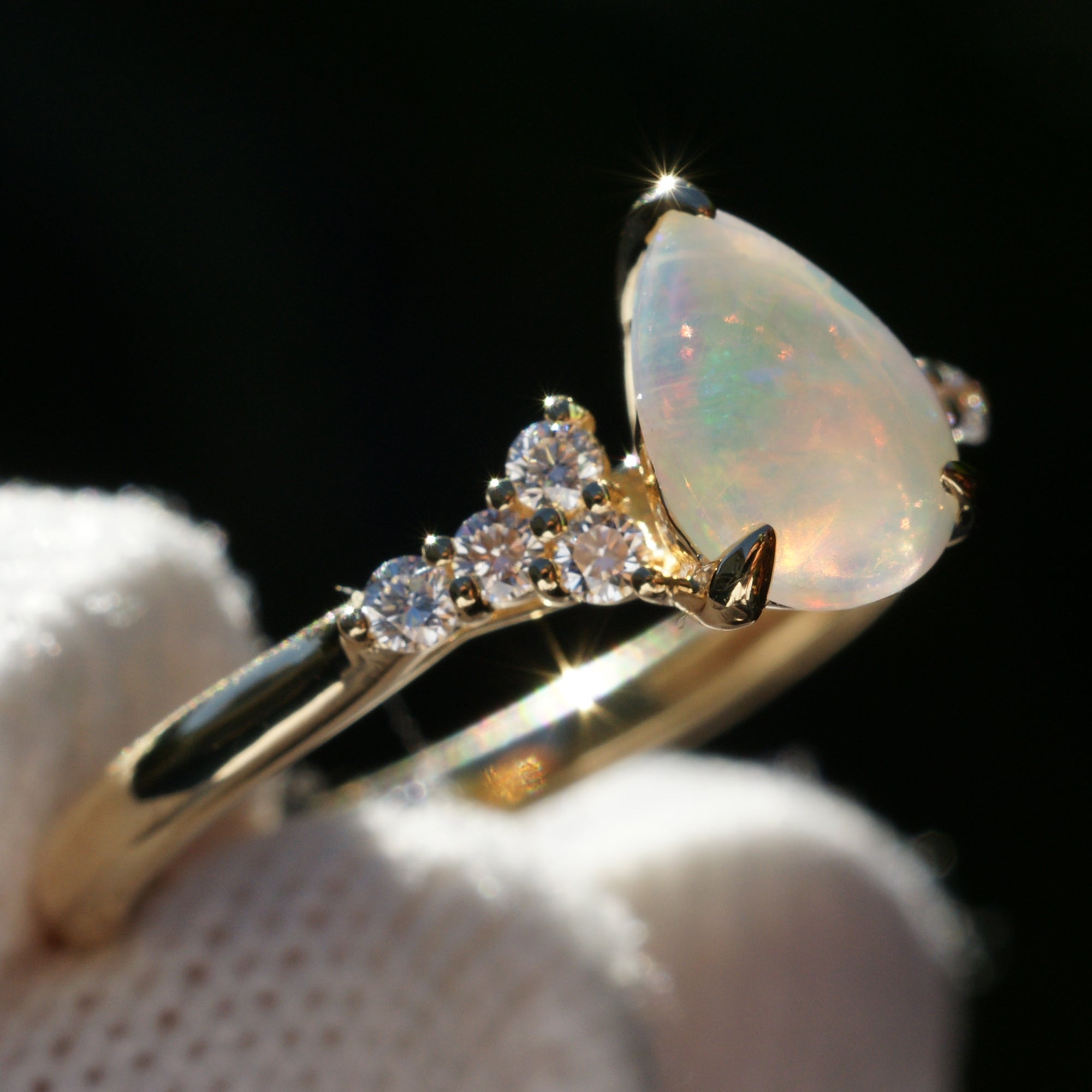 Tear Drop Opal And Diamond Three Stone Ring