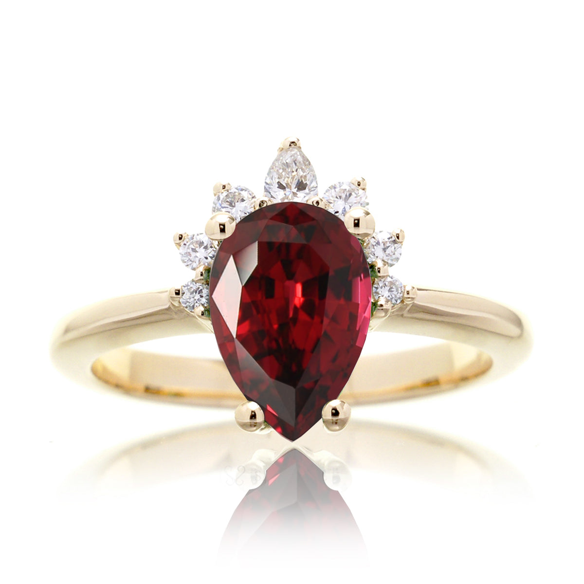 The Pacey Pear Red Ruby Ring Half Diamond Halo Low Starburst